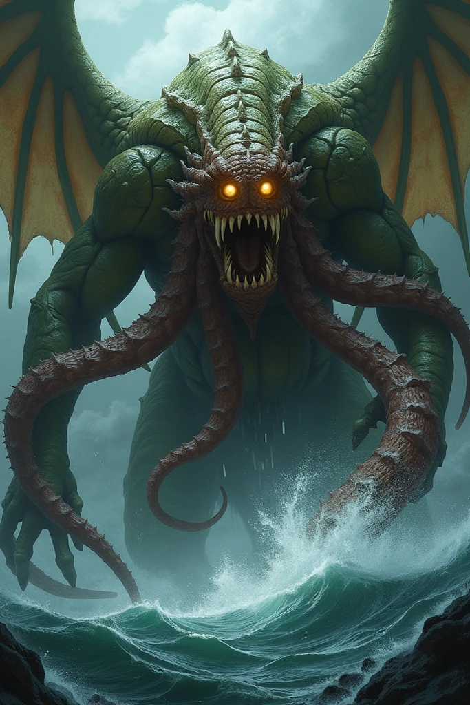 A powerful anime-style Cthulhu creature, the ancient one, engaged in an epic battle with Godzilla, highly detailed, cinematic composition, dramatic lighting, intense colors, 8K, hyper-realistic, masterpiece