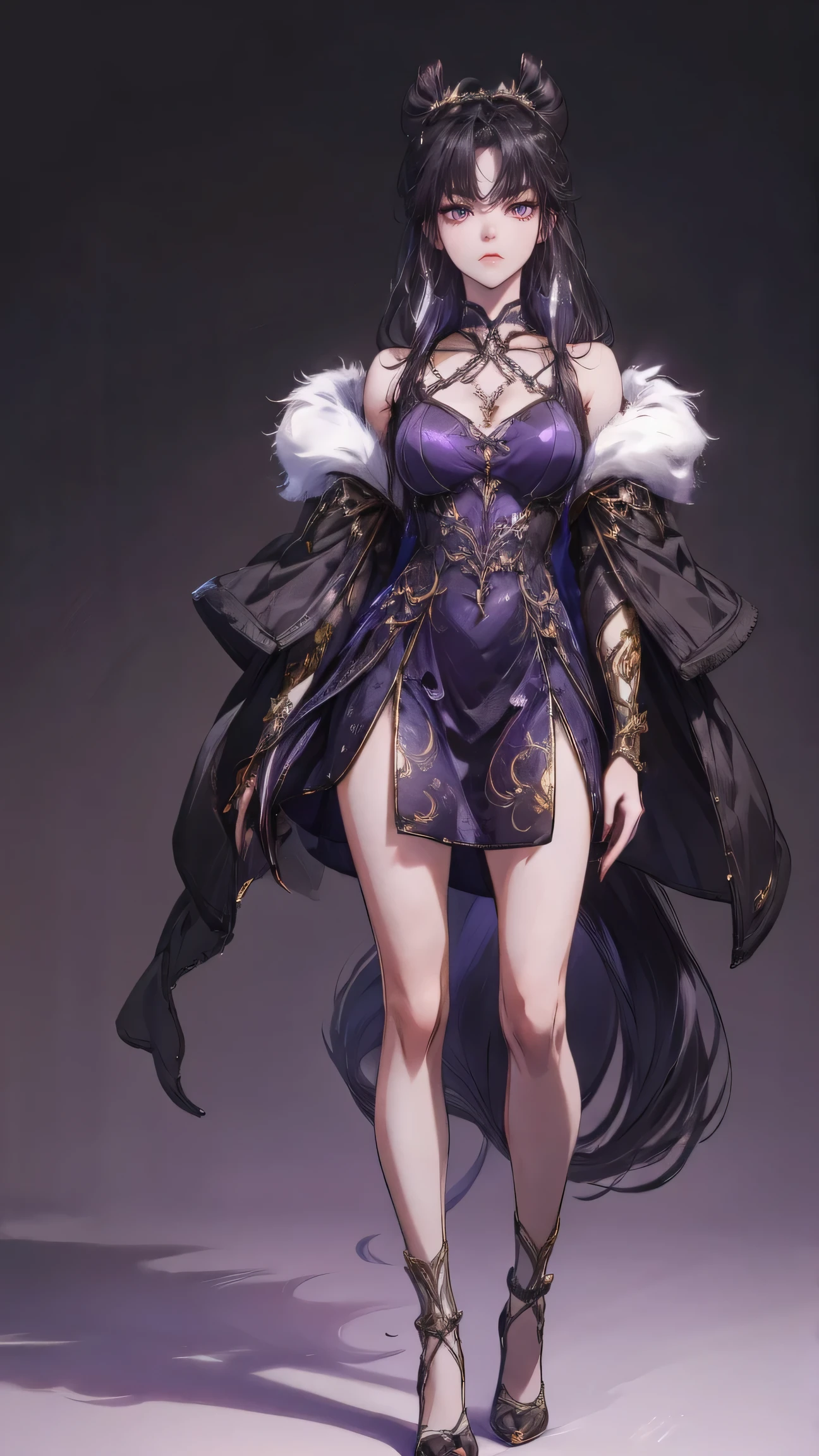 Masterpiece , best quality, 1 Xiao Wu , Face Color Looks Cool , Strong, Golden Left Eye , Red Right Eye , Long hair, Black hair, Firm Eyes , Simple Uniform , Black Long Earrings , Chinese , Front, back, left, right Photo , simple background, purple Background , Anime, illustration, Full body , bun hair , black fluffy animal coat on shoulders , tiny girl , head shot , big breasts , purple eyes , short , detail dress , full purple background
