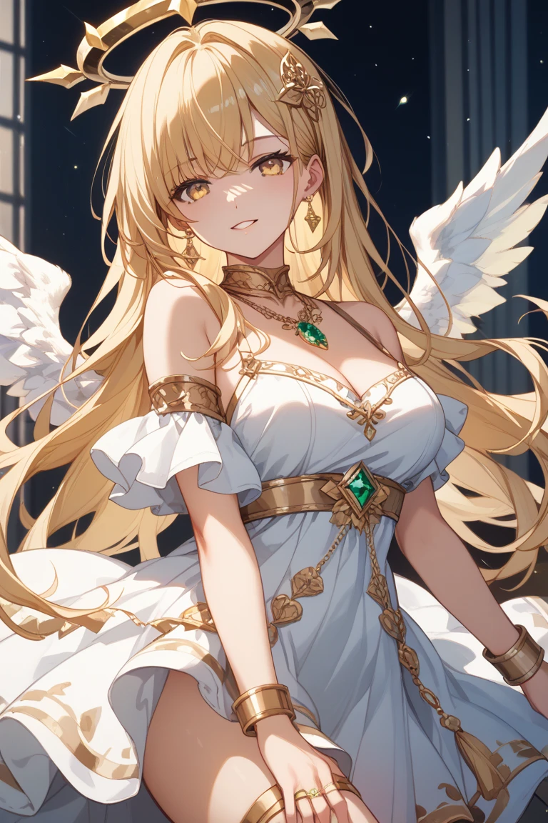 ((Highest quality)), ((masterpiece)), (detailed), (Perfect Face)、The woman was a great angel who became the Greek goddess Hera.6An archangel and god with wings and a shining halo above his head.々Goddess Tiara, wife of Zeus, king of the gods, and queen of the sacred gods.、The woman was the beautiful goddess Goddess Tiare, queen of the one and only god Zeus, with green eyes and medium-long blonde hair. She was wearing a pure white vintage wedding dress with gorgeous gold embroidery and trim, a gorgeous vintage wedding veil, gorgeous jewelry and decorations, an engagement ring, and gorgeous accessories. She was an elegant goddess, the graceful, beautiful, sacred goddess and queen Goddess Tiare.