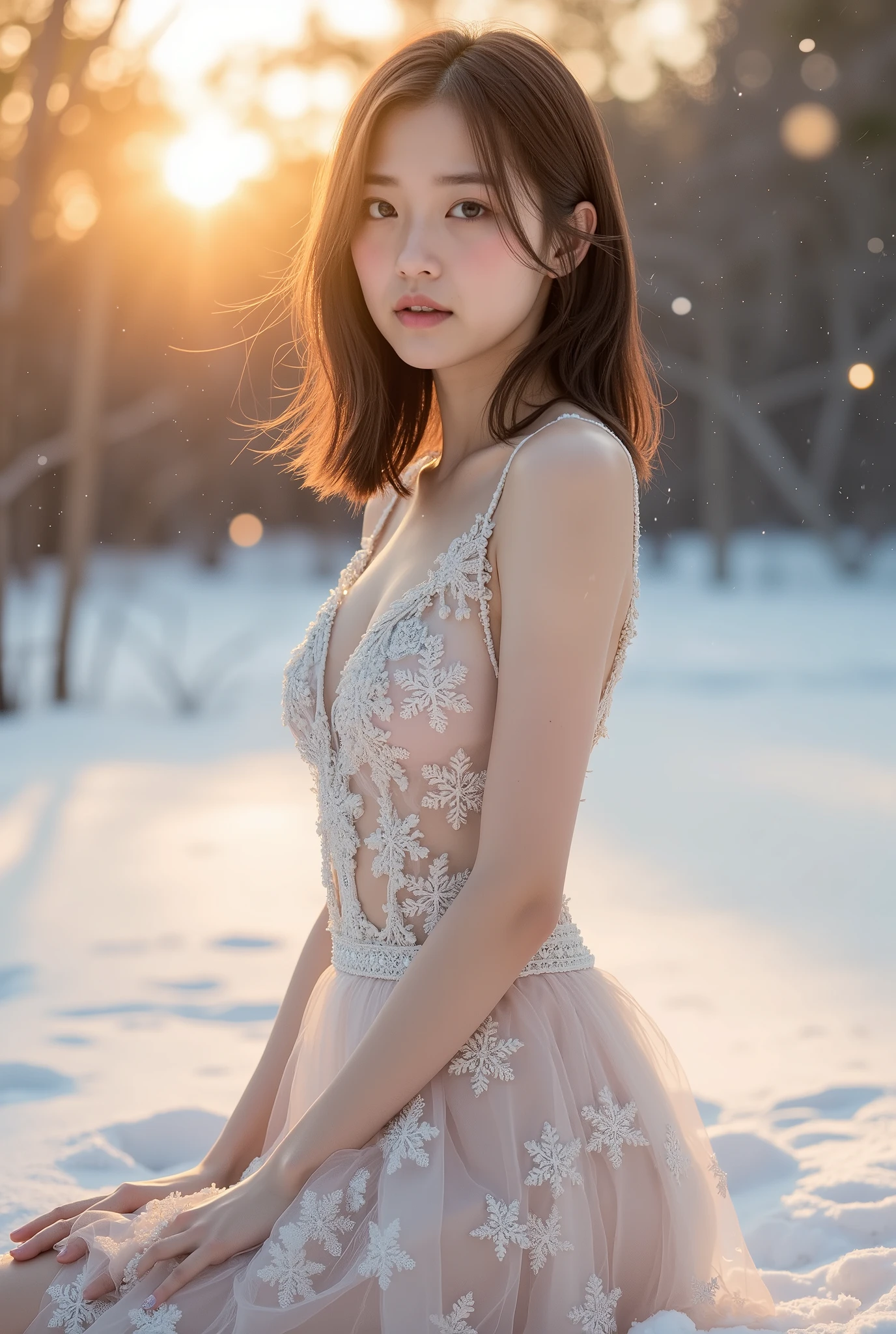 Create a portrait of a stunning Japanese idol girl with a slender figure, small chest, and thin legs. She has medium-length straight hair and is wearing a dress adorned with snowflakes. The scene is set in a snowy landscape during sunset, with the remaining light casting a warm glow on the snow. The composition should be a cowboy shot.