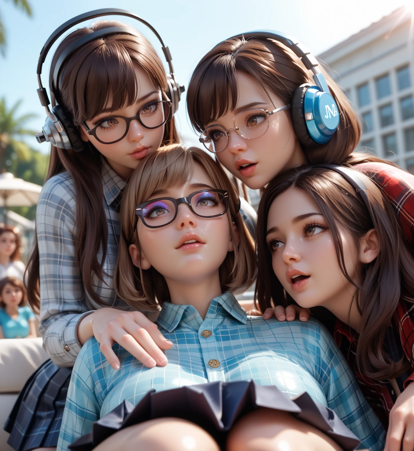 Blond-haired triplets,fones de ouvido, infernal em segundo plano,