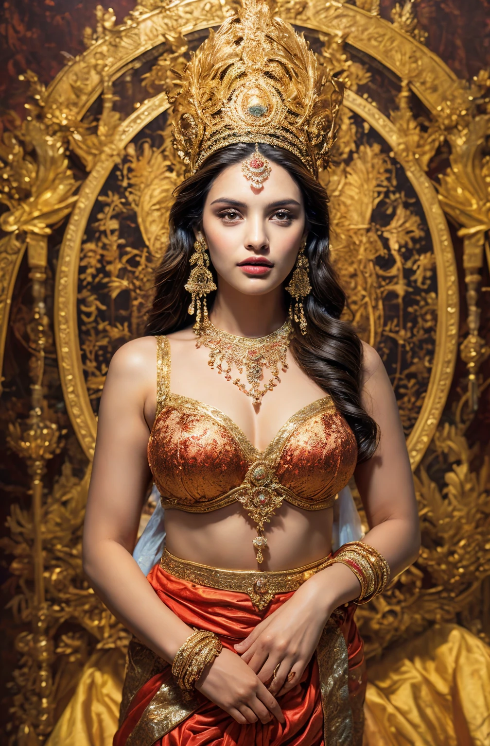 ((Best quality, 8k, Masterpiece :1.3)), Sharp focus :1.2, Generate a realistic image of a beautiful sexy Indian woman plus size body: 8.5, dressed in a white Kasava ghagara and print bra, adorned with traditional ornaments, standing in a well-lit room with cinematic lighting. ((Front view, random elegant pose)), and there is a sense of grace and elegance in her posture. The background should complement the scene, enhancing the overall aesthetic appeal of the image. Photography by Brandon Woelfel, Full shot: Canon EF 16-35mm f/2.8L III USM lens on a Canon EOS 9D Mark IV camera, ultra realistic, 32k, HD
