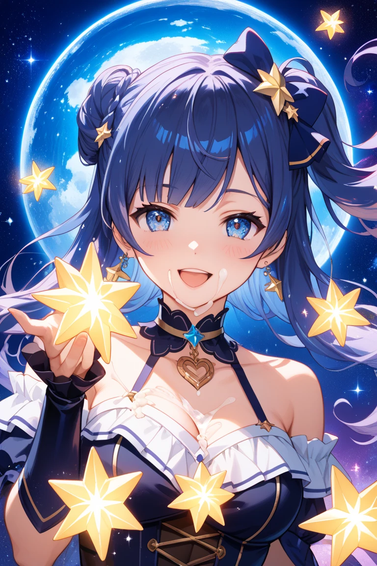 High detail, super detail, super high resolution, girl enjoying her time in the dream galaxy, surrounded by stars, warm light sprinkled on her, background is starry sky with colorful galaxies and galaxy clouds, stars flying around her, delicate face, adding playful atmosphere , 