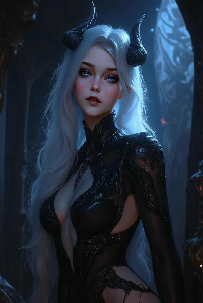 Mulher de vestido preto sentada em uma poltrona de madeira e couro, Beautiful female vampire queen, rainha vampira bonita, Beautiful elegant demon queen, feiticeira bonita, an elegant gothic princess, gothic maiden, uma bela feiticeira, beautiful female vampire, succubuedieval, Beautiful female witch, gothic princess portrait, Succubus in elegant dress, destacando a silhueta.,(master part), (best quality), Um vampiro, mulher vampira, com ((cabelo platinado)), cabelos longos, cabelos pesados e platinados, pele muito branca, pele branca como neve, olhos vermelhos, olhos de rubi.  [(Posar: (sentado em uma poltrona), (pernas cruzadas), hands crossed on the knees,.(sentado de lado),(ansioso), trono de madeira e couro, (couro preto, couro vermelho)]. [( vestido de gala), (decote grande), bordas irregulares, gothic and sexy style, seios marcados, pernas drapeadas com corte longo), salto alto,.SALTO STILETTO.)], [(The lighting: Volumetric lighting), luz de fundo , luz suave.- 4k