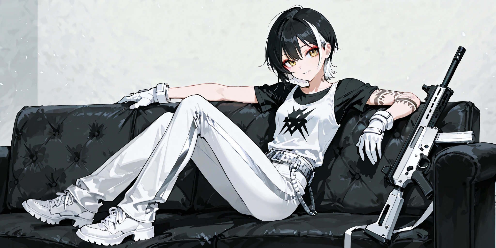 score_9, score_8_up , score_7_up , score_6_up , score_5_up , score_4_up , 4K, 8k, 1girl , white pants, Alone, White-bell-bottoms-pants, Black short hair with white streaks,Golden eyes, White tank top in a short-sleeved black T-shirt, Silver-patterned clothing, Silver flashy belt, White knuckle gloves, White shoes, White shoes, Makeup , Gentle smile, Tribal-patterned tattoo on arms, submachine gun, sitting on the sofa,full body