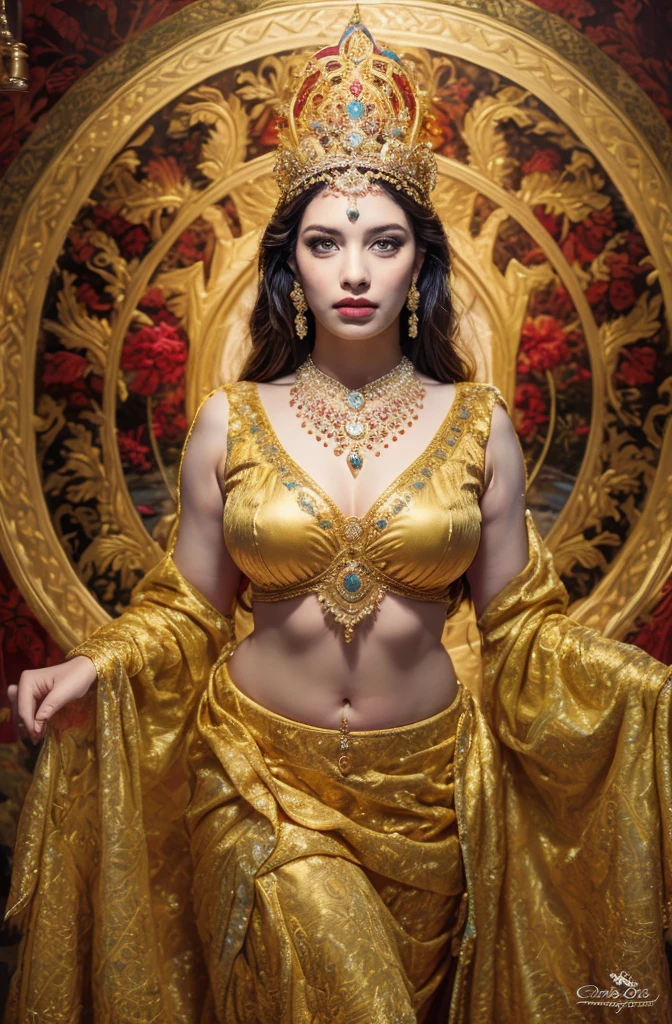 full portrait, busty, deep cleavage, tunic, arms over the head, goddess, detailed portrait of a beautiful goddess with an hourglass figure, voluptuous bust, plunging neckline on a flowing tunic, hands raised overhead in a graceful pose, radiant skin, lush lips, piercing eyes, ornate headdress, intricate jewelry, dramatic lighting, fantasy landscape background, 8K, hyper-detailed, oil painting, masterpiece, ultra-vivid colors, dramatic chiaroscuro, photorealistic