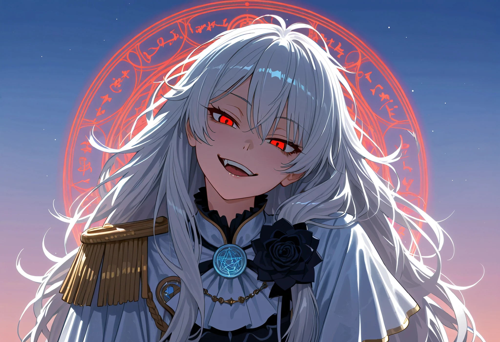 (bailing_magic_circle, solo:1.7), magic circle,magic array, detailxl, Anime illustration, detailed anime artstyle, cinematic, volumetric lighting, clear sky, evening, cold light, colorful, light reflection, (head tilt, looking over her shoulder, teasing, lidded eyes, sultry, (standing, dynamic pose:1.1):1.5), glaring at viewer, side eye, portrait, character portrait, fotoshoot, model, (1girl:0.98), young, adolescent, detailed skin, extremely detailed eyes, dynamic pose, crimson eyes, glowing eyes, (very long hair, messy hair, wild hair, hair in front of eye:1.2), flower brooch in her hair, auralora cosmic flowers, aura flowers, crazy eyes, soft smirk, black flower, blue glow, blue aura, moon, lunar power, open mouth, (white hair, gray hair, shining hair:1.3), walking, crazy smile, crazy laugh, (tsurime:1.3), (white ornate french dress:1.1), asymmetrical epaulette, capelet, ornate dress, carapace armour, black trimming, black highlights, (reaper, demonic clothes:1.1), (casting blood magic, blood mage:1.2), red moon,