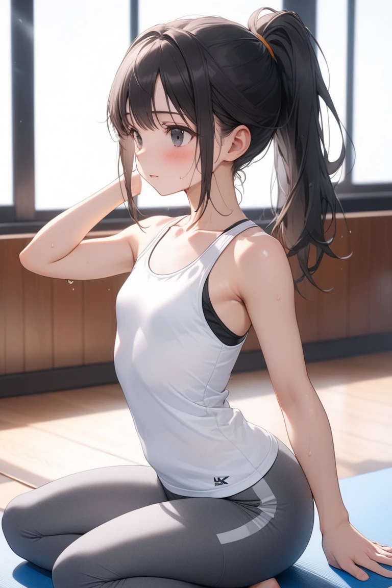 (best quality, masterpiece), 1girl, meditating, yoga pants, crop top, apartment,