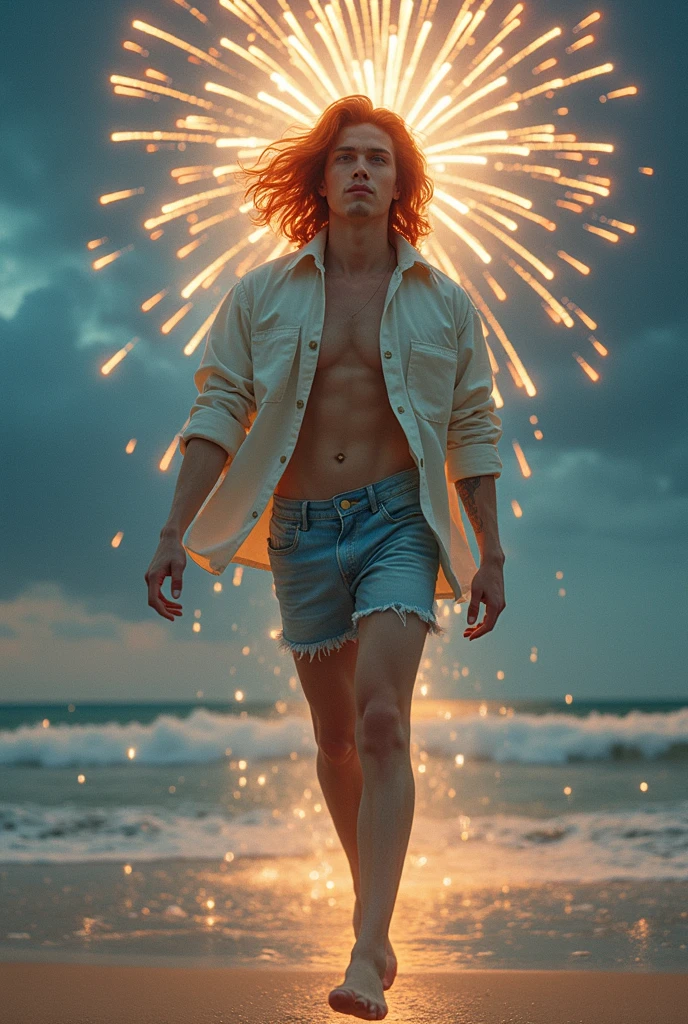 strong red-haired man dressed only in a black ballerina skirt, with ballerina pose, dancing in front of the sea, on the sand with a bonfire illuminating everything