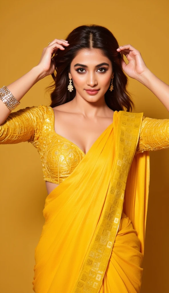 portrait of A confident-looking indian woman princess with long flowing hair, hazel eyes, with yellow saree, a smile on the face, royal and lusty look, red bindi, standing in cricket stadium, c-cup breast, perfect composition, hyperrealistic, super detailed, 8k, high quality, trending art, trending on artstation, sharp focus, sexy photo, intricate details, highly detailed, art by Greg Rutkowski