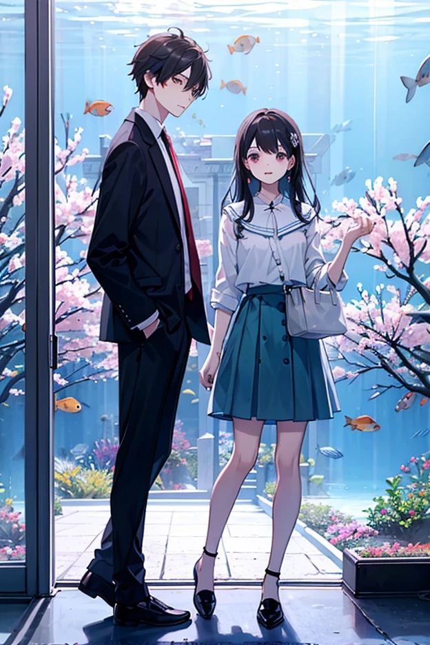 Anime - style image of a man and woman standing in front of a window ...