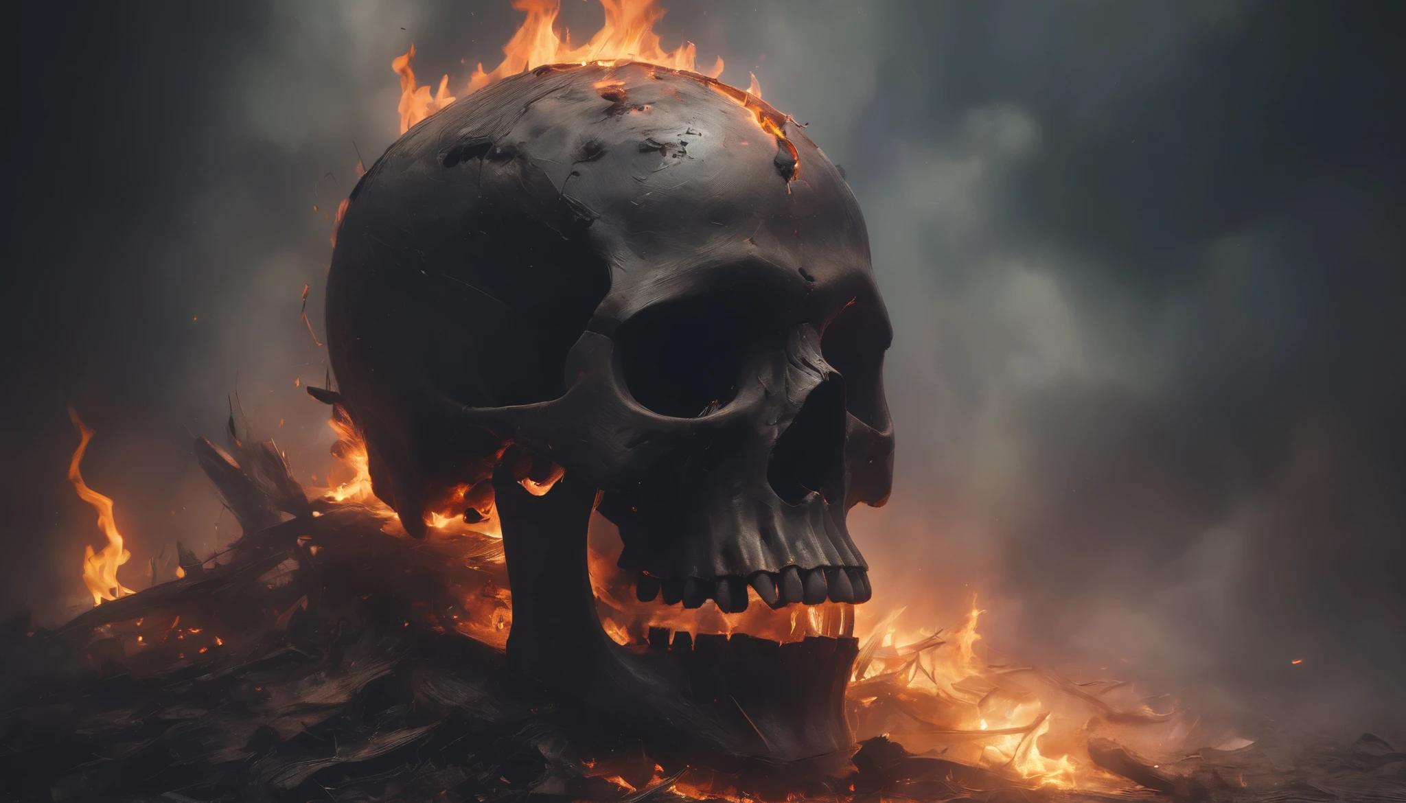 letitbrn, illustration , a dark and charred burning skull, intricate light, dark, desolation, glow, high gamma, composition, global illumination, charred, flames,