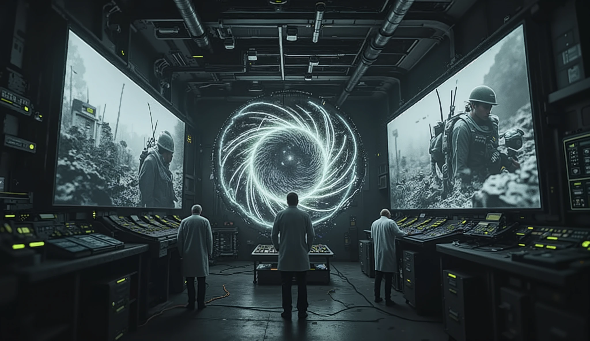 Future scientists studying time travel and how to change events and wars, like the Vietnam War, In a huge room full of holograms and giant screens you can see images of the Vietnam War and soldiers,scientists in white coats and modern clothes, futuristic screens, Realistic 8k image .