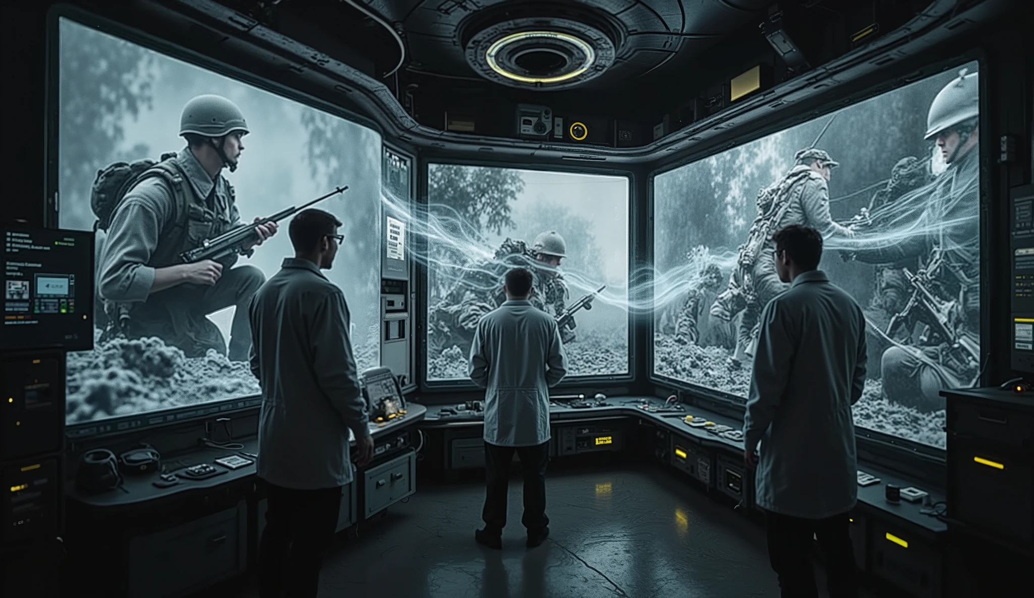 Future scientists studying time travel and how to change events and wars, like the Vietnam War, In a huge room full of holograms and giant screens you can see images of the Vietnam War and soldiers,scientists in white coats and modern clothes, futuristic screens, Realistic 8k image .