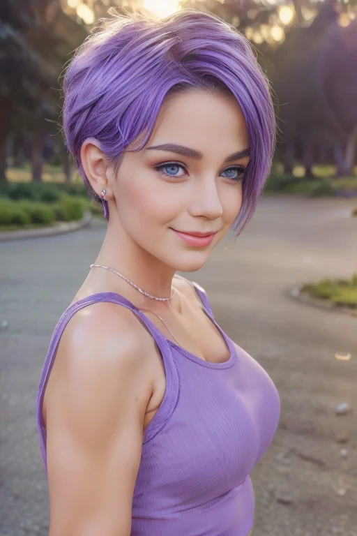 A girl that has short, pastel purple hair with a wav texture. The roots show a slight natural dark blonde or light breasts.She wears a black color sleeveless top with a low-cut neckline, which is quite simple and doesn't distract from her facial features.