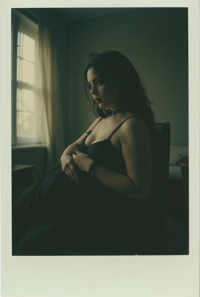 Create a photo of a women at home. Black-haired girl with medium short hair. Polaroid photo. Low quality. Chubby girl. Gothic makeup. Gothic outfit. Gothic accessories.