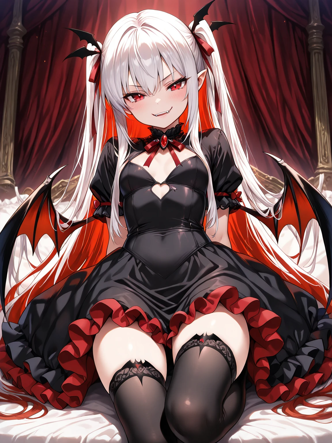 (masterpiece),(best quality),very aesthetic,(ultra-detailed),(illustration),(degenerate),nsfw,1girl,16yo,slender,long hair,white hair,straight hair,disheveled hair,red alluring eyes,one eye wide opened,condescending look,open mouth,smirk,fangs,An elegant and sophisticated outfit perfect for a party, featuring a dark red dress with lace accents sleeves,ecstasy,happy,inroom,standing,standing on one leg,head tilt,crossed arms,daytime,Lascivious atmosphere,fantastic atmosphere,Sunlight shining through the window,forest landscape,curtains flutter in the wind,Toxic green colored lace thong,Old furnishings,dusty room,cowboy shot,looking at viewer, vampire, strawberry juice glass, dark fantasy, bat,bat's wings,from below,POV