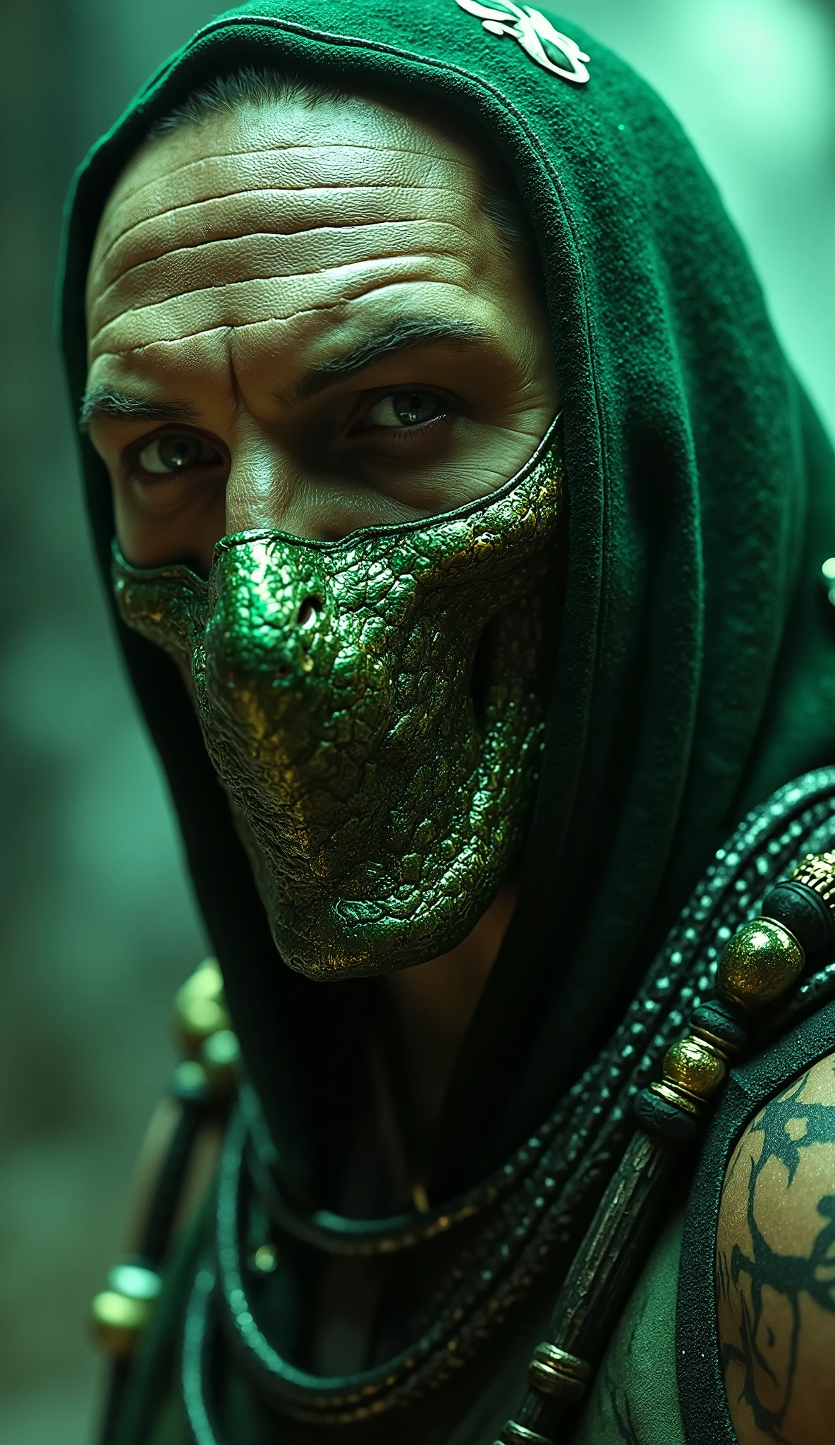 Here is a detailed prompt to generate an image ** super realistic** of Tom Hardy as **Reptile**, focused **only on the face**, with a green outfit and a shiny metallic green mask partially covering the face, and a striking background:
---
**"Close-up hiper-realista do rosto of Tom Hardy as Reptile, the reptilian warrior of * mortal kombat*. He has a wild and threatening expression, with penetrating eyes that convey ferocity and astuteness. His metallic green mask covers part of the face, with intricate details and brilliant reflections that highlight the shimmering material. The mask is adorned with tribal patterns and small gold ornaments that complement your look. He wears a super detailed green outfit, with rich textures and metallic reflections that capture light in an impressive way. The lighting is dramatic , with shades of green and silver, creating strong contrasts between light and shadow. The background is a realistic and dark setting, with green lights , soft mist and elements of an underground environment, adding an intense and enveloping atmosphere."**
---
**Extra details for realism:**
- **mask:** Highly detailed design, with metallic reflections , tribal patterns and shiny gold ornaments.
- **clothing:** Super detailed green fabric, with metallic reflections e padrões intrincados.
- ** Expression:** Wild and threatening look, transmitting the fierce and cunning essence of Reptile.
- **Bottom:** Hyper-detailed textures in the fog and the elements of the underground environment.
This prompt combines iconic Reptile elements with Tom Hardy's unique look, ensuring a cinematic and immersive result! 🔥