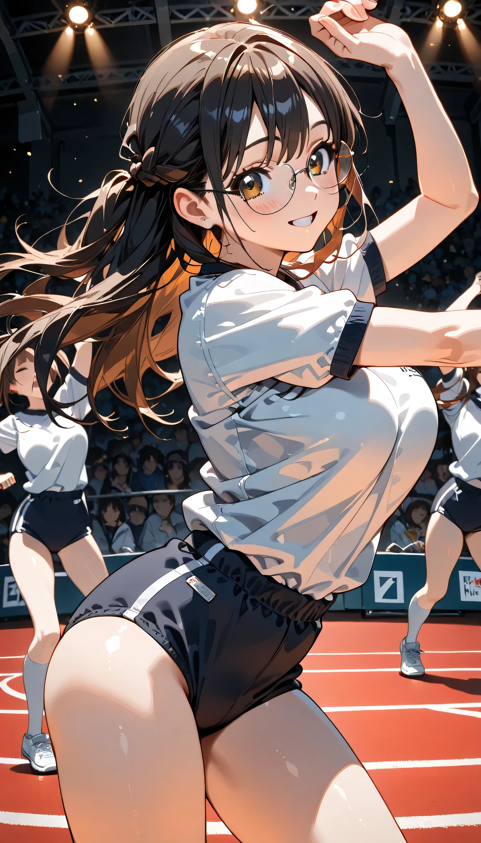 ((ultra-detailed)), (highly detailed CG illustration), (best quality:1.2), ultra-highly detailed, colorful composition, artistic photoshoot, 1girl, solo focus, ((thigh to top:1.4)), ((cowboy shot:1.4)), moe anime character, girl, dainty facial structure, (bab(round face), ((rounded chin:1.2)), ((ideal ratio body proportions)), celia-default, celia claire, (blue eyes), ((wearing glasses)), g-boston19A, glasses, black hair color, long hair, half updo, (hair ribbon with red), ample breasts, (navy blue school gym buruma), ((smile)), ((blush:1.4)), ((dancing:1.4)), girls dancing, ((dancing on the school sports field:1.4)), ((school Athletic Festival)), outdoor, beautiful detailed sky, from behind, dynamic pose, contrapposto pose, best quality, expecting, pink cheek, blush, light pink gloss slip, portrait, depth of field, ((sparkling sunlight:1.4)), lighting, ((backlighting)), (shine), lighting, caustics, ray tracing, perfect face, lustrous skin, highly detailed face, highly detailed eyes, perfect face, perfect nose, perfect hair, perfect eyes, perfect anatomy, beautiful hair, beautiful small face, extremely detailed face, beautiful detailed eyes, beautiful clavicle, beautiful body, beautiful huge breasts, leavage, breasts squeezed together, equalize the size of the left and right breasts, beautiful thin thighs, beautiful legs, beautiful fingers, ((4 fingers)), 1 thumb, lovely, (very detailed background:1.0), (highly detailed background:1.0), summer aesthetic, intricate details, festival atmosphere, summer colors palette, chromatic aberration