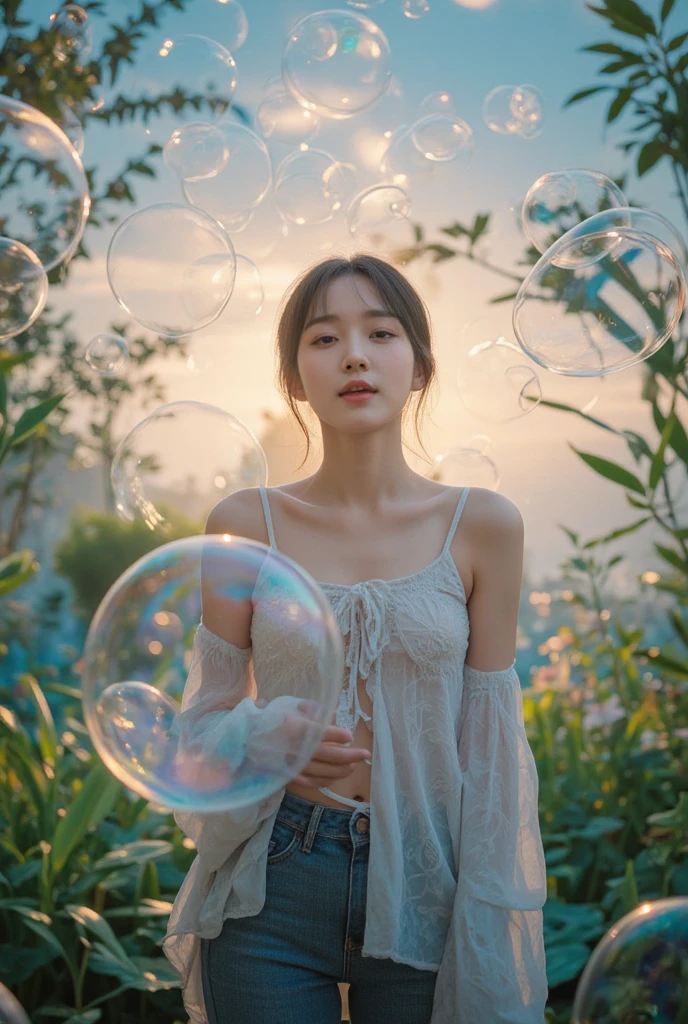 Beautiful girl blowing soap bubbles、verandah,A bustling city