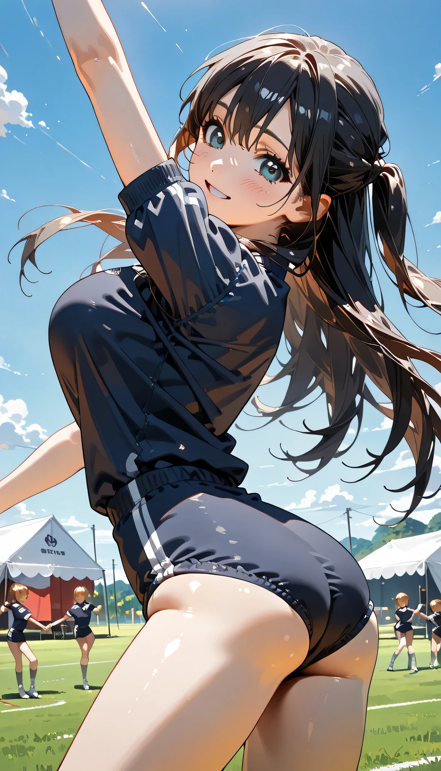 ((ultra-detailed)), (highly detailed CG illustration), (best quality:1.2), ultra-highly detailed, colorful composition, artistic photoshoot, 1girl, solo focus, ((thigh to top:1.4)), ((cowboy shot:1.4)), moe anime character, girl, dainty facial structure, (bab(round face), ((rounded chin:1.2)), ((ideal ratio body proportions)), celia-default, celia claire, (blue eyes), ((wearing glasses)), g-boston19A, glasses, black hair color, long hair, half updo, (hair ribbon with red), ample breasts, (navy blue school gym buruma:1.4), ((smile)), ((blush:1.4)), ((dancing:1.4)), girls dancing, ((dancing on the sand sports field into school:1.4)), ((event tents lined up around the sports field)), ((girls in gymnastics uniforms cheering under event tent)), ((school Athletic Festival)), sports day flag, ((outdoor:1.4)), ((daytime)), ((beautiful detailed sky:1.4)), from behind, dynamic pose, contrapposto pose, best quality, expecting, pink cheek, blush, light pink gloss slip, portrait, depth of field, ((sparkling sunlight:1.4)), lighting, backlighting, (shine), lighting, caustics, ray tracing, perfect face, lustrous skin, highly detailed face, highly detailed eyes, perfect face, perfect nose, perfect hair, perfect eyes, perfect anatomy, beautiful hair, beautiful small face, extremely detailed face, beautiful detailed eyes, beautiful clavicle, beautiful body, beautiful huge breasts, leavage, breasts squeezed together, equalize the size of the left and right breasts, beautiful thin thighs, beautiful legs, beautiful fingers, ((4 fingers)), 1 thumb, lovely, (very detailed background:1.0), (highly detailed background:1.0), summer aesthetic, intricate details, festival atmosphere, summer colors palette, chromatic aberration