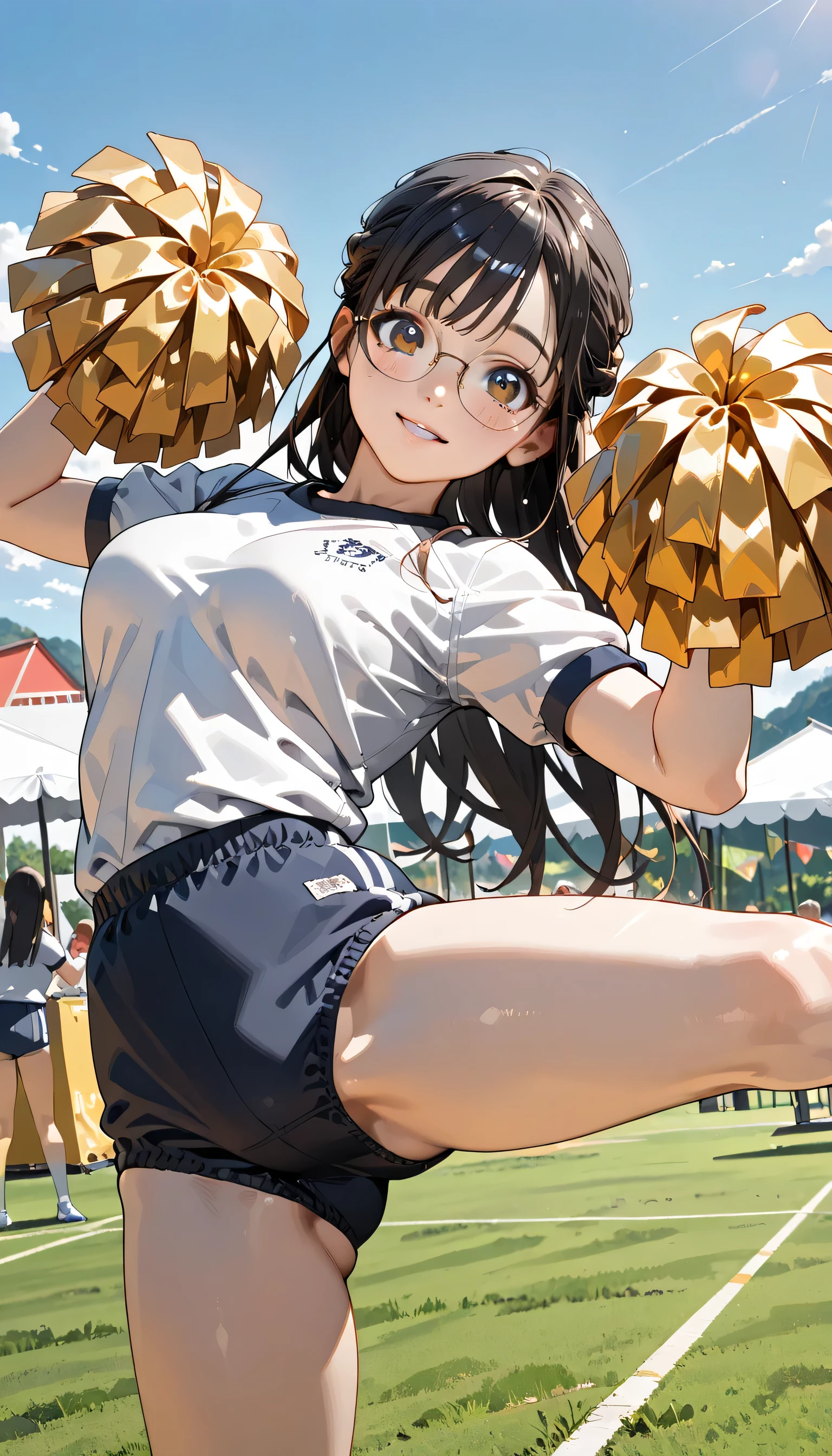 ((ultra-detailed)), (highly detailed CG illustration), (best quality:1.2), ultra-highly detailed, colorful composition, artistic photoshoot, 1girl, solo focus, ((thigh to top:1.4)), ((cowboy shot:1.4)), moe anime character, girl, dainty facial structure, (bab(round face), ((rounded chin:1.2)), ((ideal ratio body proportions)), celia-default, celia claire, (blue eyes), ((wearing glasses)), g-boston19A, glasses, black hair color, long hair, half updo, (hair ribbon with red), ample breasts, ((white gymnastics uniform with navy blue rim)), ((navy blue school gym buruma:1.4)), ((smile)), ((blush:1.4)), ((dancing:1.4)), girls dancing, ((dancing on the sand sports field into school:1.4)), ((event tents lined up around the sports field)), ((girls in gymnastics uniforms cheering under event tent)), ((school Athletic Festival)), sports day flag, ((outdoor:1.4)), ((daytime)), ((beautiful detailed sky:1.4)), from behind, dynamic pose, contrapposto pose, best quality, expecting, pink cheek, blush, light pink gloss slip, portrait, depth of field, ((sparkling sunlight:1.4)), lighting, backlighting, (shine), lighting, caustics, ray tracing, perfect face, lustrous skin, highly detailed face, highly detailed eyes, perfect face, perfect nose, perfect hair, perfect eyes, perfect anatomy, beautiful hair, beautiful small face, extremely detailed face, beautiful detailed eyes, beautiful clavicle, beautiful body, beautiful huge breasts, leavage, breasts squeezed together, equalize the size of the left and right breasts, beautiful thin thighs, beautiful legs, beautiful fingers, ((4 fingers)), 1 thumb, lovely, (very detailed background:1.0), (highly detailed background:1.0), summer aesthetic, intricate details, festival atmosphere, summer colors palette, chromatic aberration