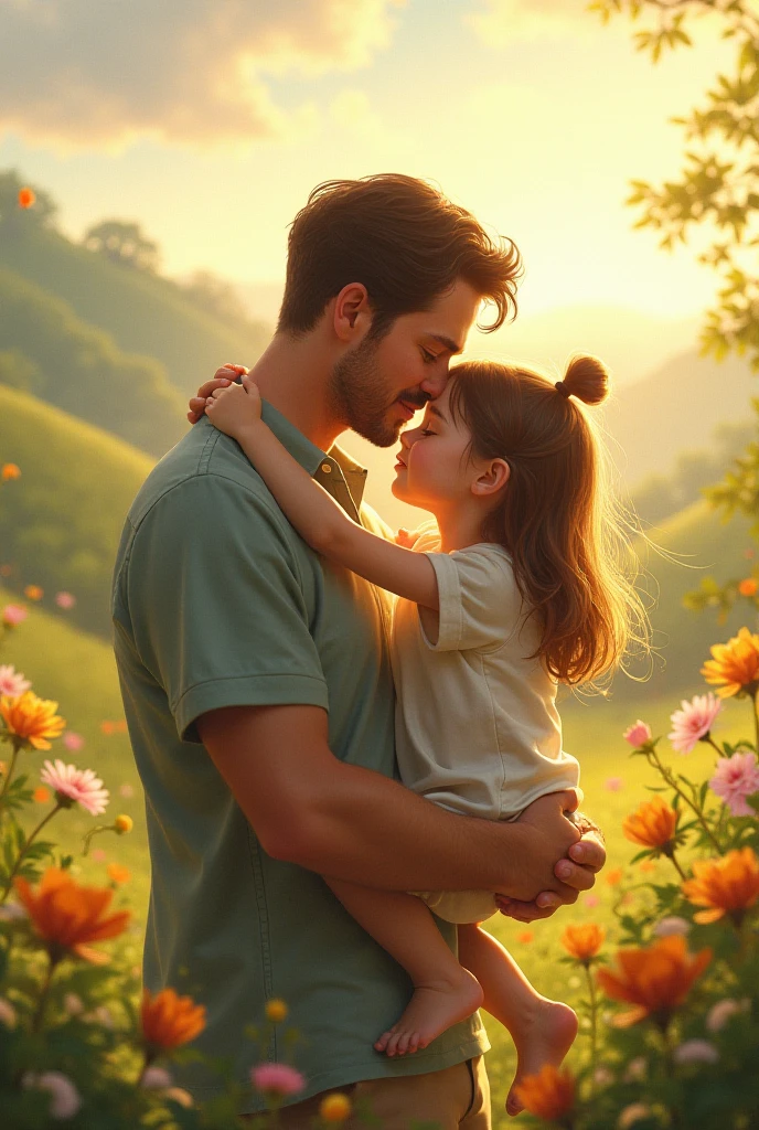Girl with tears in her eyes, smile on her face, hugging her father.