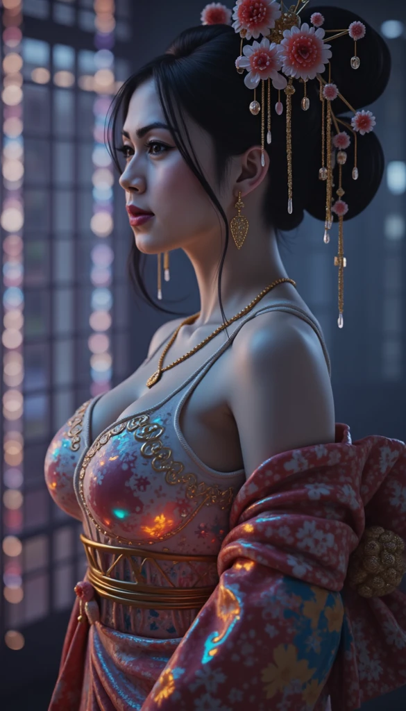 Double Exposure, super high quality, (8k, RAW photo, realistic), Ukiyo-e beauty on the back of a Nishikigoi