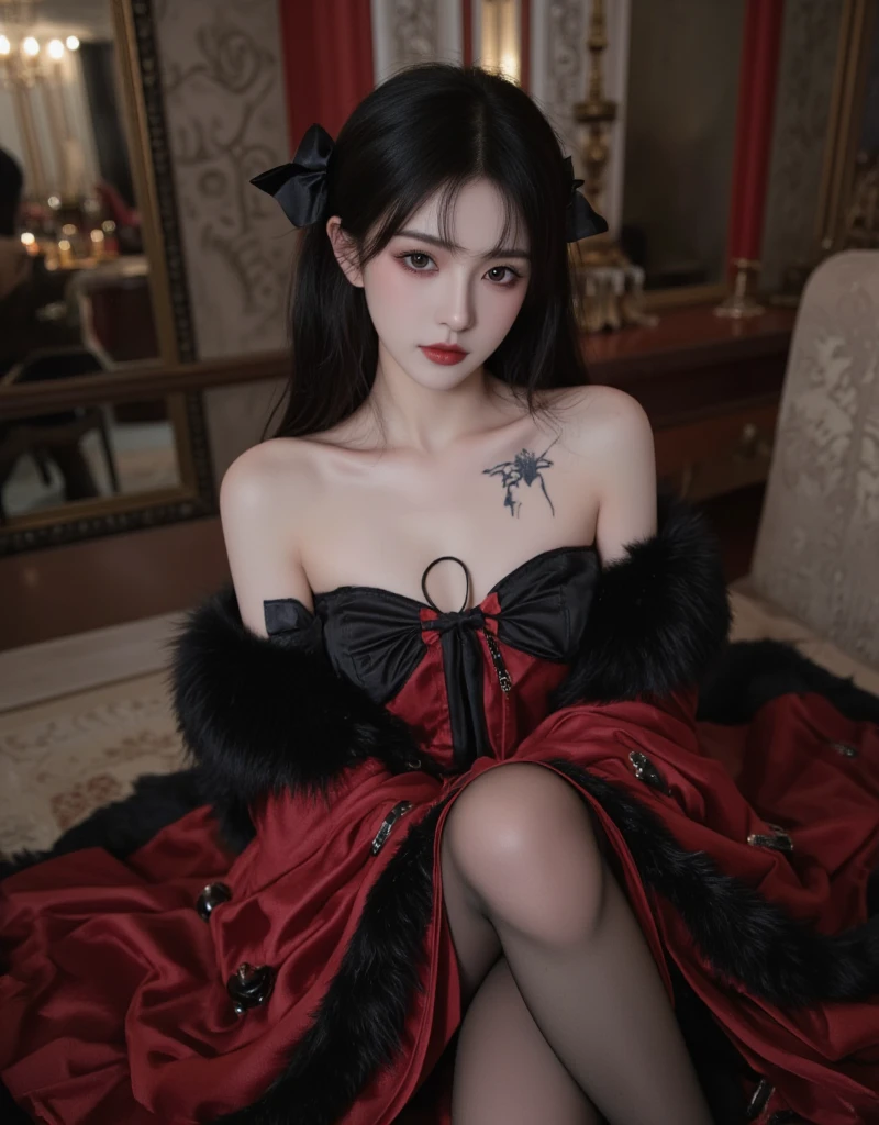 Gothic warrior queen wearing dark red kimono robe and midi skirt, satin, fur, (stockings), thong panties, Decolletage, natural breasts, Backwards and on all fours, zettai ryouiki, medium length hair, Beautiful detailed golden eyes, portrait, most realistic, highest quality, best pixel, 8k ultra