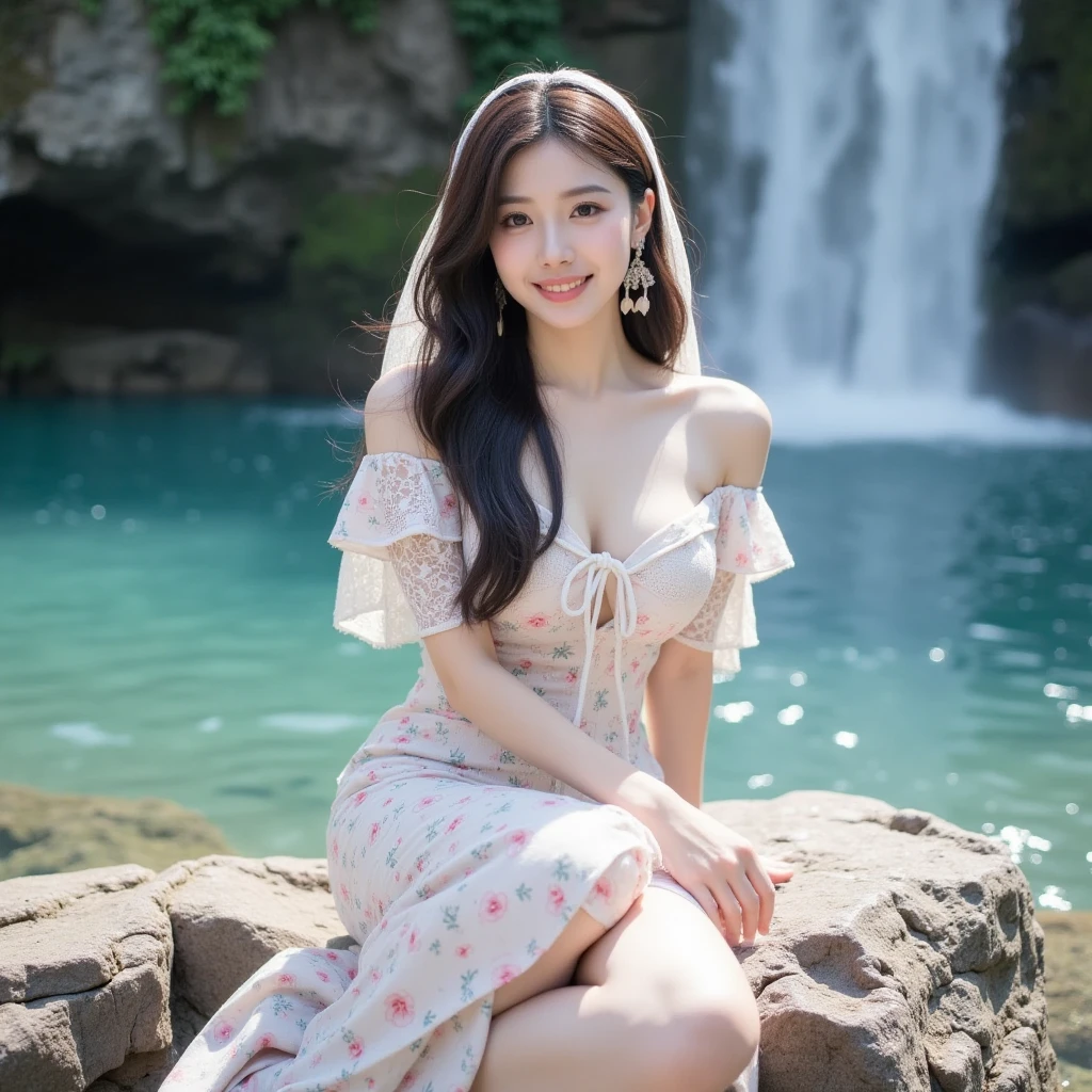 8K, ultra hd, masterpiece, ultra realistic, 1 girl, nice face, very long hair, detailed eyes, detailed lips, (big breasts:1.5) super round "wet body", 3D Floral Short Strapless Tulle Beaded Prom Dress  Elegant Green Mini, ((pink,red,blue ,black,green,meroon,purple,yellow random dress color)),((High resolution Dress Quality)), diamonds, jewelry, necklace, earrings, lake, scenery  , sitting, Bridge, Forest, standing in lake water, feet in water, Pine trees, Perfect body figure, Beautiful Smile, Cinematic photography, Sexy angles, Stylish poses, 4 different Poses, 64k, high resolution image quality, very body figure  clear, Flowers in hand, Flowers in Hair, walking in water, waterfall