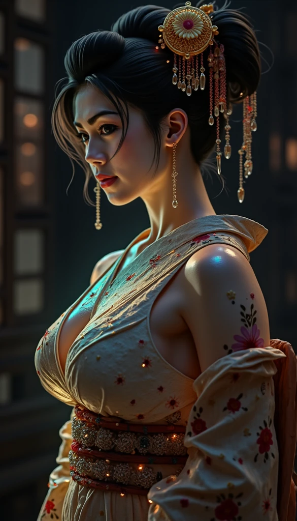 a beautiful japanese woman wearing an ornate kimono with intricate embroidery, extremely large breasts, dark lighting, cinematic, artistic composition, looking at viewer, masterpiece, ultra-detailed, 8k, photorealistic, chiaroscuro lighting, elegant, refined, graceful, serene, mystical, atmospheric