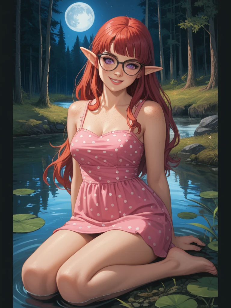 young elven noble lady, 1girl, asolescent, medium-large breasts, medium breasts, large breasts, elf, large green eyes, green eyes, pale skin, freckles, medium long hair, hair in ponytail, fluffy ponytail, curly hair, red hair, ginger hair, many flowers in hair, wearing cute dress, blue dress, dress with bows, simple jewelry, book, tome, cute face, full lips, soft lips, natural beauty, girl next door, body towards viewer, official portrait, intelligent, shy, blush, large round glasses, caring, timid, cute, polite, submissive, calm, wise, proper, pretty smile, slender figure, nobility, palace, absurdres, high res, ultrasharp, 8K, masterpiece, looking at viewer
