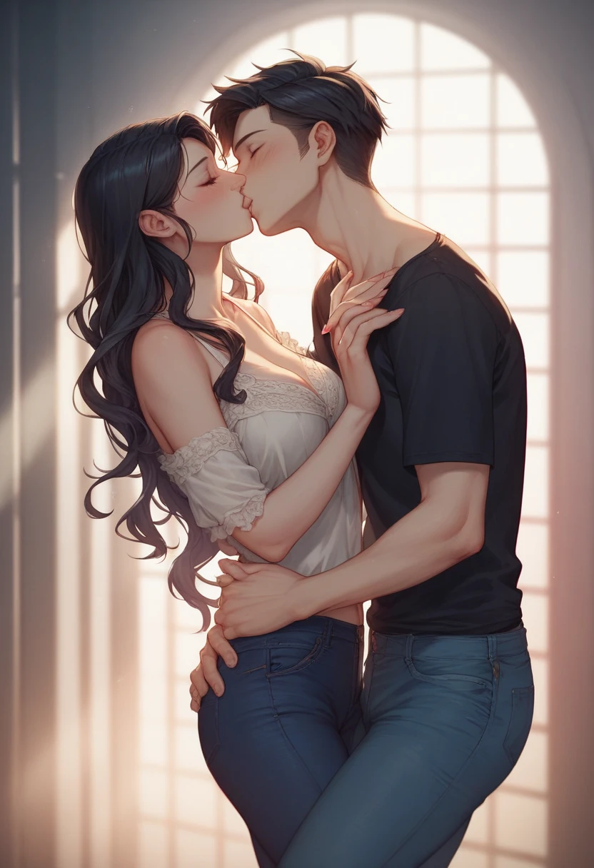 masterpiece, best quality, shadows, perfect hands, perfect fingers, perfect legs, perfect anatomy, pretty face, mature features, a couple one girl one man, standing in a room looking between them while kissing the girl is wearing a tight dress and the man wearing casual and elegant,