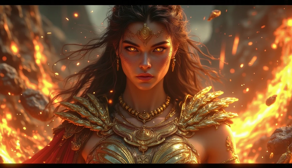 The princess is beautiful and strong. Dressed in an ancient Greek warrior outfit. In the background, there is a demon from the future coming to attack.