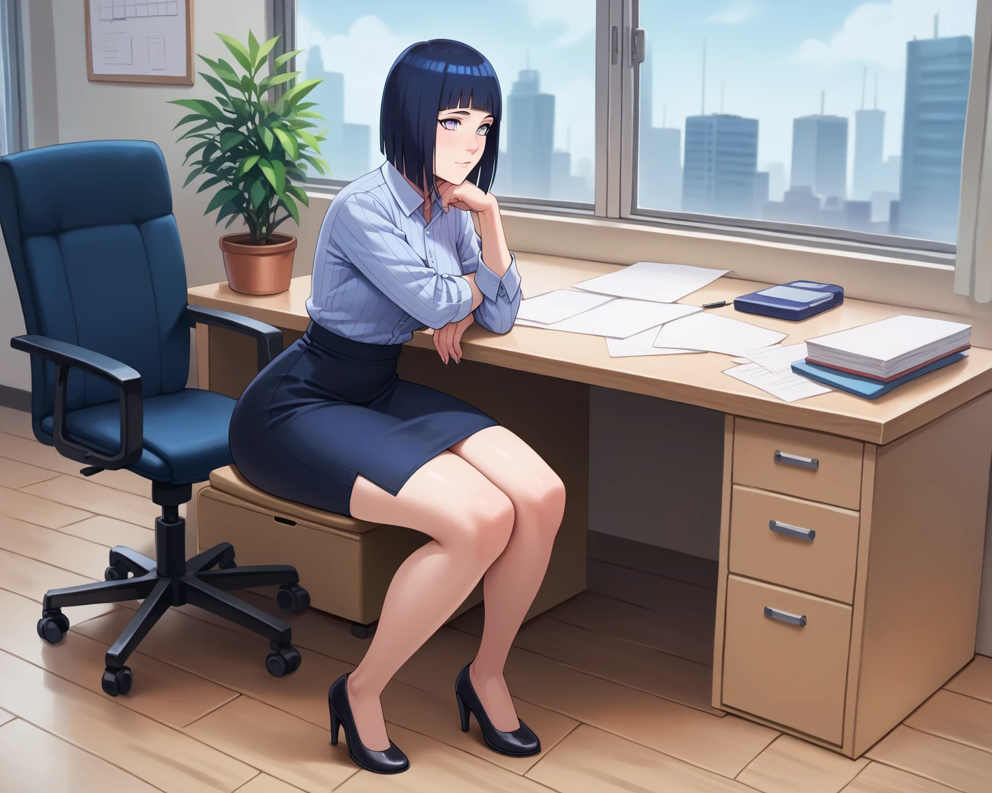 masterpiece, highest quality, High resolution, 1girl High heels hanging down, sitting cross-legged, office lady、hairstyle short cut、、black tights
