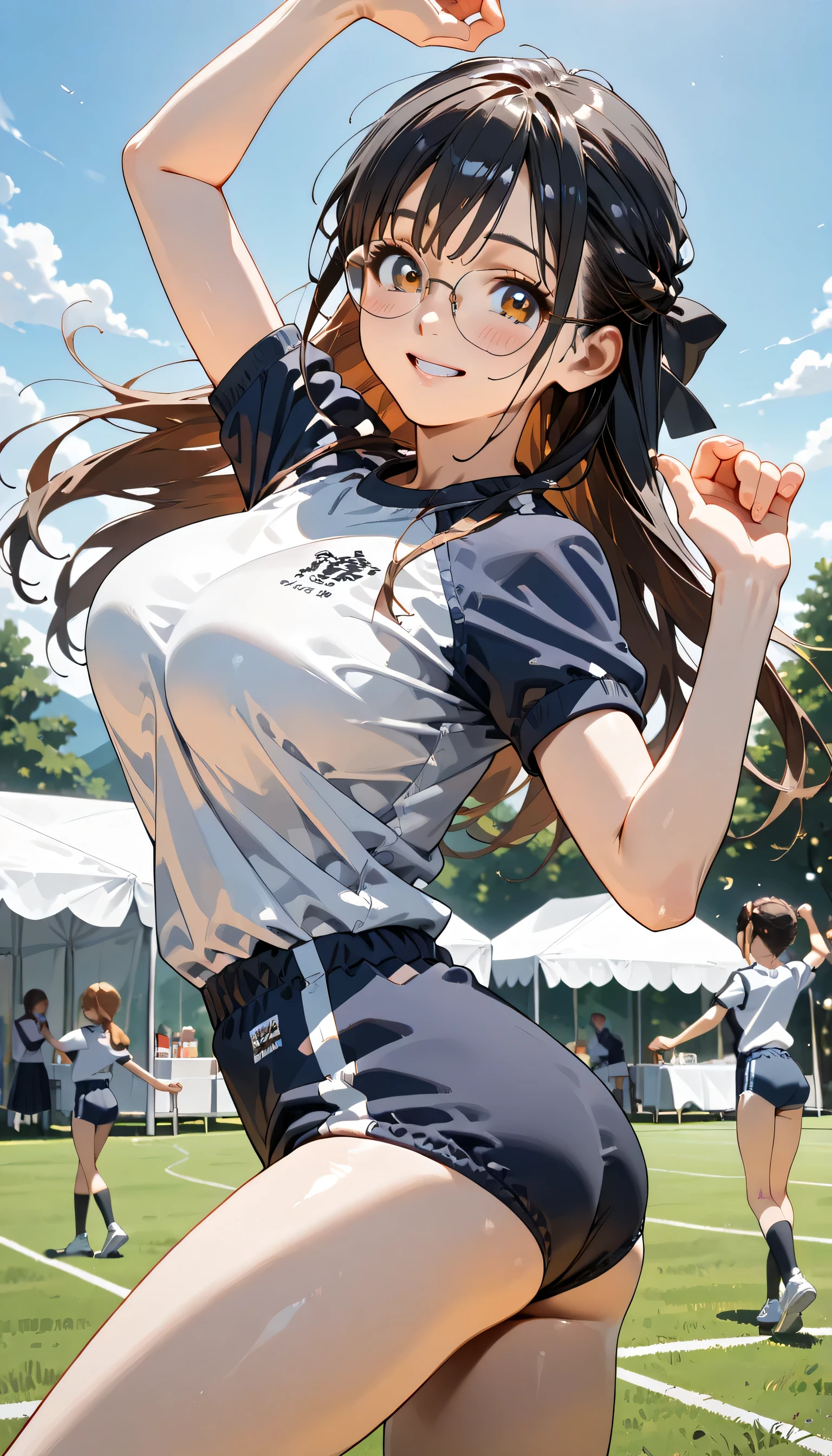 ((ultra-detailed)), (highly detailed CG illustration), (best quality:1.2), ultra-highly detailed, colorful composition, artistic photoshoot, 1girl, solo focus, ((thigh to top:1.4)), ((cowboy shot:1.4)), moe anime character, girl, dainty facial structure, (bab(round face), ((rounded chin:1.2)), ((ideal ratio body proportions)), celia-default, celia claire, (blue eyes), ((wearing glasses)), g-boston19A, glasses, black hair color, long hair, half updo, (hair ribbon with red), ample breasts, ((white gymnastics uniform with navy blue rim)), ((navy blue school gym buruma:1.4)), ((smile)), ((blush:1.4)), ((dancing:1.4)), girls dancing, ((dancing on the lawn sports field into school:1.4)), ((white event tents lined up around the sports field)), ((girls in gymnastics uniforms under white event tents)), ((school Athletic Festival)), sports day flag, ((outdoor:1.4)), ((daytime)), ((beautiful detailed sky:1.4)), from behind, dynamic pose, contrapposto pose, best quality, expecting, pink cheek, blush, light pink gloss slip, portrait, depth of field, ((sparkling sunlight:1.4)), lighting, backlighting, (shine), lighting, caustics, ray tracing, perfect face, lustrous skin, highly detailed face, highly detailed eyes, perfect face, perfect nose, perfect hair, perfect eyes, perfect anatomy, beautiful hair, beautiful small face, extremely detailed face, beautiful detailed eyes, beautiful clavicle, beautiful body, beautiful huge breasts, leavage, breasts squeezed together, equalize the size of the left and right breasts, beautiful thin thighs, beautiful legs, beautiful fingers, ((4 fingers)), 1 thumb, lovely, (very detailed background:1.0), (highly detailed background:1.0), summer aesthetic, intricate details, festival atmosphere, summer colors palette, chromatic aberration