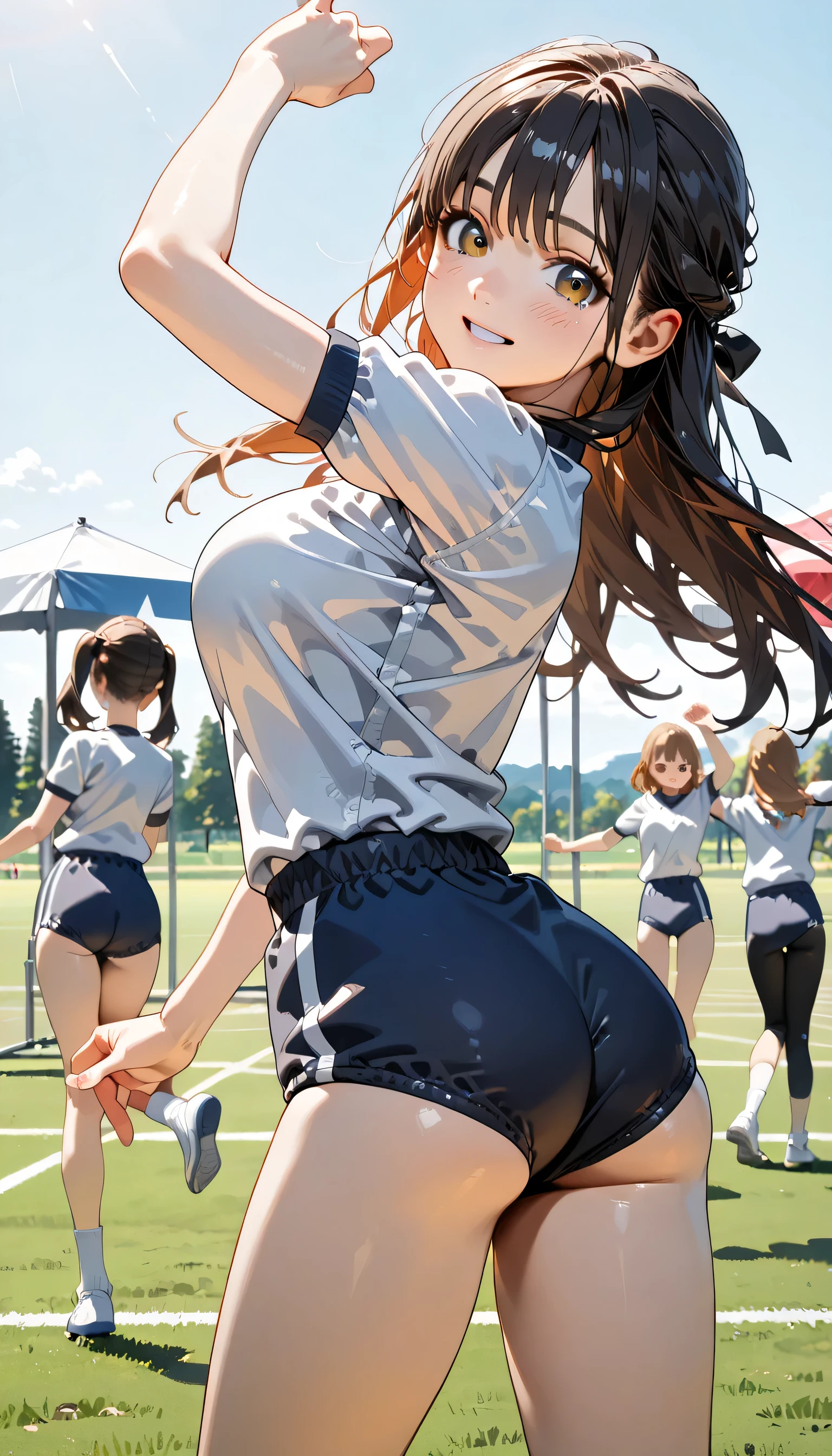 ((ultra-detailed)), (highly detailed CG illustration), (best quality:1.2), ultra-highly detailed, colorful composition, artistic photoshoot, 1girl, solo focus, ((thigh to top:1.4)), ((cowboy shot:1.4)), moe anime character, girl, dainty facial structure, (bab(round face), ((rounded chin:1.2)), ((ideal ratio body proportions)), celia-default, celia claire, (blue eyes), ((wearing glasses)), g-boston19A, glasses, black hair color, long hair, half updo, (hair ribbon with red), ample breasts, ((white gymnastics uniform with navy blue rim)), ((navy blue school gym buruma:1.4)), ((smile)), ((blush:1.4)), ((dancing:1.4)), girls dancing, ((dancing on the lawn sports field into school:1.4)), ((white event tents lined up around the sports field)), ((girls in gymnastics uniforms under white event tents)), ((school Athletic Festival)), sports day flag, ((outdoor:1.4)), ((daytime)), ((beautiful detailed sky:1.4)), from behind, dynamic pose, contrapposto pose, best quality, expecting, pink cheek, blush, light pink gloss slip, portrait, depth of field, ((sparkling sunlight:1.4)), lighting, backlighting, (shine), lighting, caustics, ray tracing, perfect face, lustrous skin, highly detailed face, highly detailed eyes, perfect face, perfect nose, perfect hair, perfect eyes, perfect anatomy, beautiful hair, beautiful small face, extremely detailed face, beautiful detailed eyes, beautiful clavicle, beautiful body, beautiful huge breasts, leavage, breasts squeezed together, equalize the size of the left and right breasts, beautiful thin thighs, beautiful legs, beautiful fingers, ((4 fingers)), 1 thumb, lovely, (very detailed background:1.0), (highly detailed background:1.0), summer aesthetic, intricate details, festival atmosphere, summer colors palette, chromatic aberration
