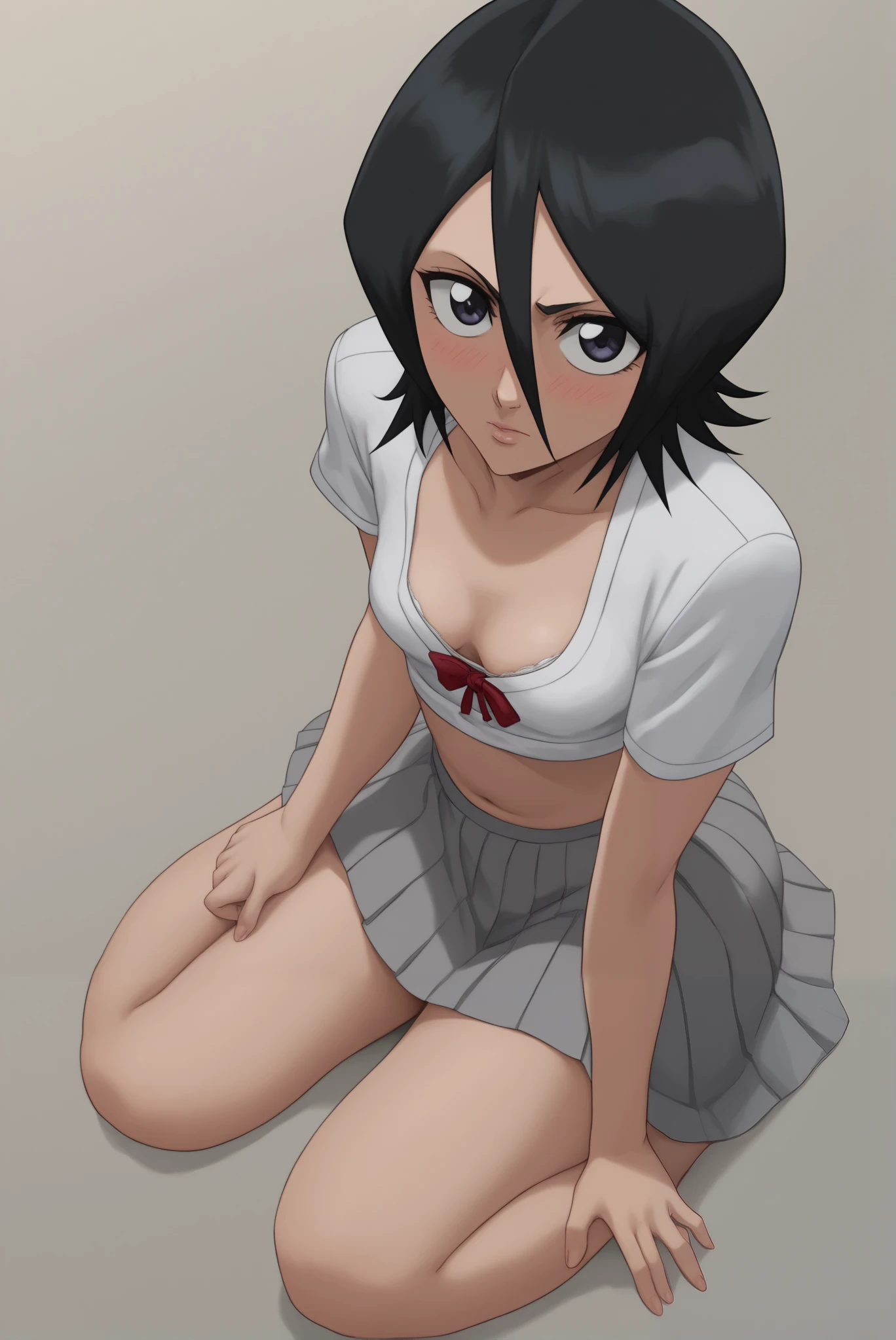 Bleach anime artstyle, Rukia Kuchiki, Rukia bleach, detailed, highquality, 1girl, solo, short stature, sexy, nsfw,  sitting, short, indoors background, close-up, from above, blushing, looking at viewer, full body, small breasts, plump lips, big ass, nice ass, squishy ass, large bubblebutt, creamy thighs, squishy thighs, soft thighs,  thick thighs, grey school uniform, grey box pleats skirt, Rukia bleach school outfit, white blouse, small bra covered by clothing, able to see ass from the front, bare stomach, cute white panties with bear on it, cleavage, good proportions, 