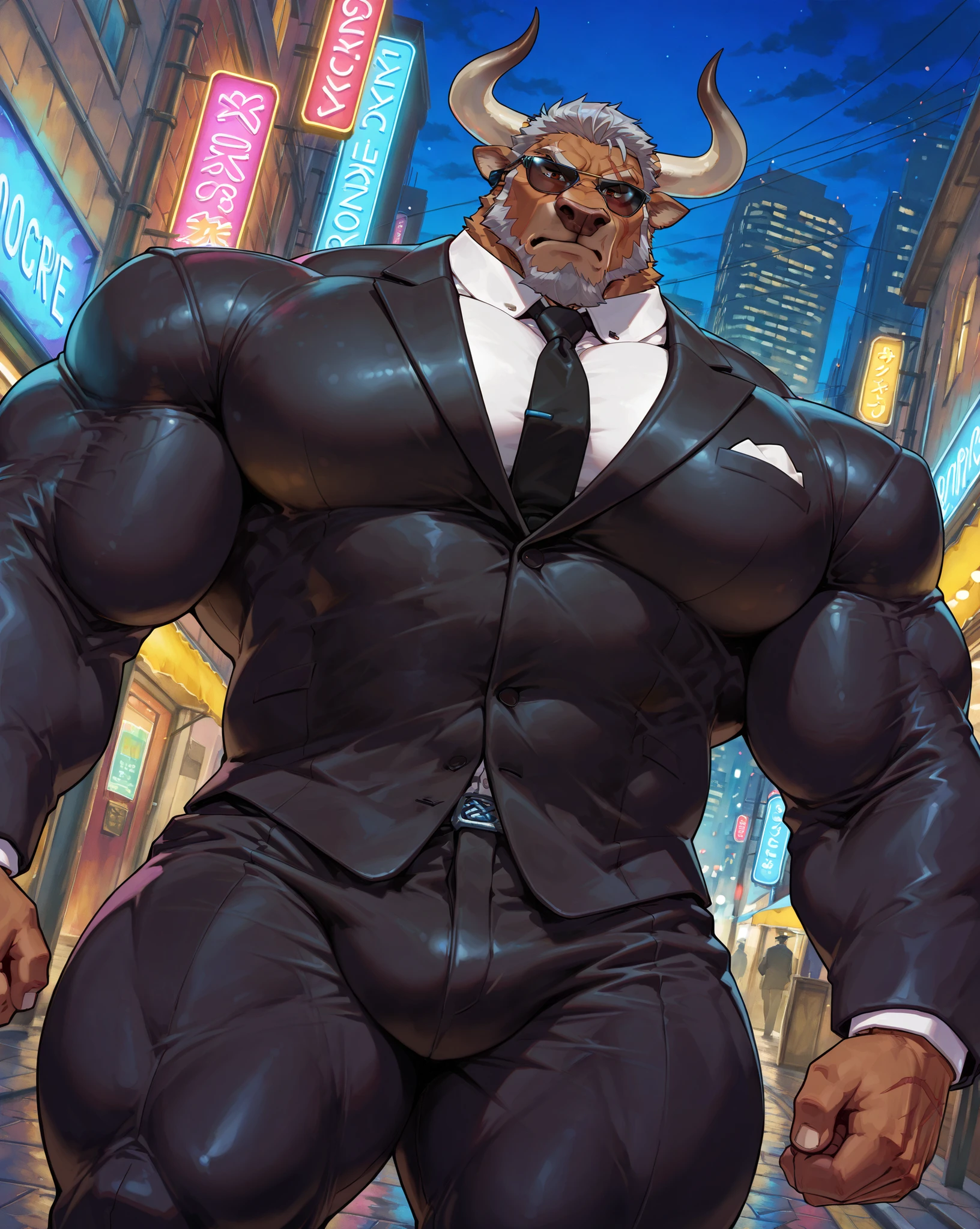 score_7_up, score_8, score_9, correct anatomy, ((detailed brown eyes)), ((highly detailed eyes)), high resolution, hyper-detailed,
((solo)), male, brown fur with white underbelly, bull, grey hair,
((massive size difference)), ((10 feet tall)), muscle, massive, big muscle, ((massive muscle)), dominant, rough, abs, eight pack, pecs, big pecs, (wide shoulder, wide pec, massive pec muscle thick arms),
grumpy, mature, grey short beard, rugged, moody, permanent scowl, intimidating, scars over body,
dutch angle, bulge, bouncer, ((black suit)), white dressed shirt, black tie, small earpiece, ((black sunglasses)), closed mouth, intimidating presence, protective stance, ((glaring)), night time, bar entrance background