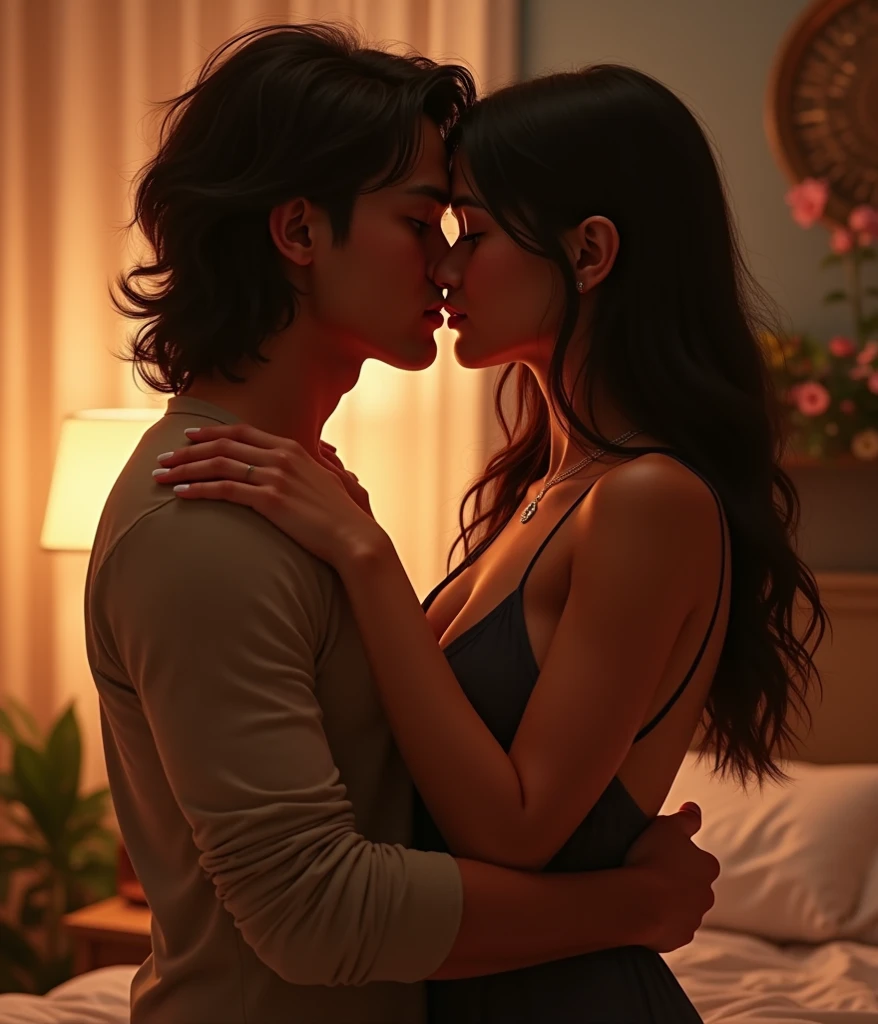 (Realisttic:1.2), Analog photography style, Beautiful woman, sitting on top of a man, with grey eyes and long black hair, Soft natural light, cute and sexy, without a blouse and with black lingerie, man in black shirt with unbuttoned buttons, they kiss passionately, great quality, masterpiece, detailed strange background, Best Performance, 16k quality, HdR, raw photo