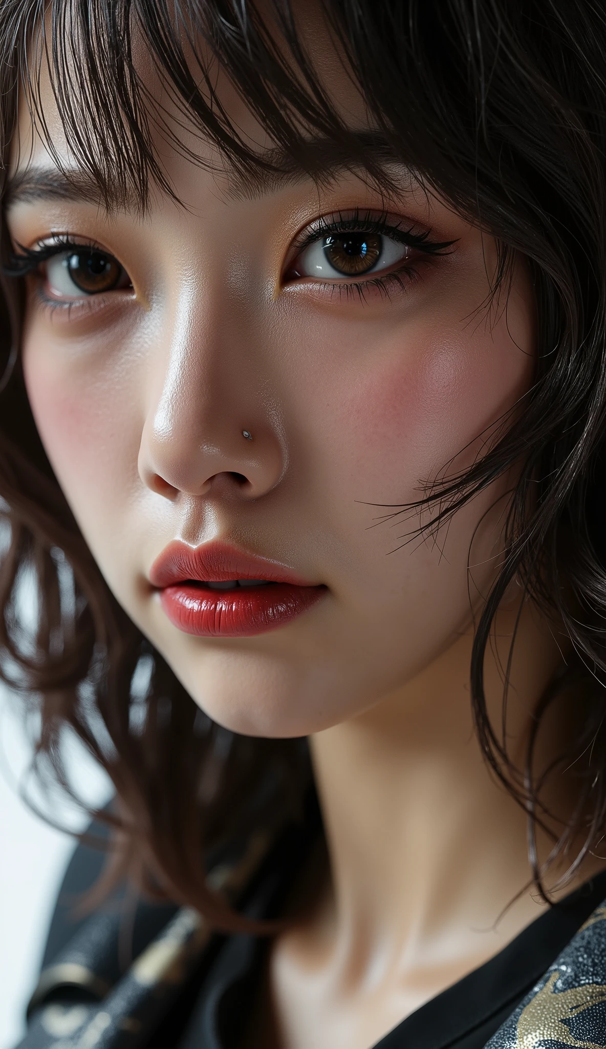  [Style: "masterpiece, realistic (Photorealistic realism), Hyper high resolution, (ultra quality, intricately detailed digital art), focus on extremely Realistic Proportion Body"] (Key Directive: "Prioritize anatomical accuracy and material textures") {Character: "20-year-old white female" | Face: "symmetrical, pale skin, full lips, red lipstick: 1.15" | Eyes: "((sharp focus, no blurry eyes, Hyper absurd quality, Hyper detailed iris stroma ((dark) with stars from the milky way galaxy) ,Hyper realistic eyes:1.3))" - "((extra narrow eyebrows))" - "(Carefully draw Long blue_mascara:1.2)" - "(perfect round eyes)" | Makeup: "detailed lips:1.3, (apply glossy red_lipstick:1.3)" | Hair: "waist-length red curly (setting light reflections: 0.5)" | POV: "((first person view))" | "((first person shooting position))" - "hold a Custom Railgun in hends" Weapon: "Custom Railgun (StatTrak™ module)" | Railgun side Engraving : "Japanese dragon (green/blue paint:1.4)" | Display: "((side-mounted counter (red LED '589')))" | Attachments: - "Underbarrel flamethrower "(aim through the scope at running targets ((the human-like very large angry black animal))) (shoot with continuous fire)"- "active, orange/blue flames:0.3, white/yellow flash:0.3" - (hot, smoking") - "Green laser sight (beam visible in airborne dust)" Environment: "unknown planet in an alien galaxy (unknown species of vegetation, animals), day" | Lighting: "(Cinematic clarity and global illumination)" - "aim at the target and shoot'' - ''Muzzle flash from rifle (temporarily illuminates face)" "((background – clear and sharp human-like large black alien, ((chaos and terror")))) (Rendering engine: "Unreal Engine 5 path tracing, 16K texture maps") } 