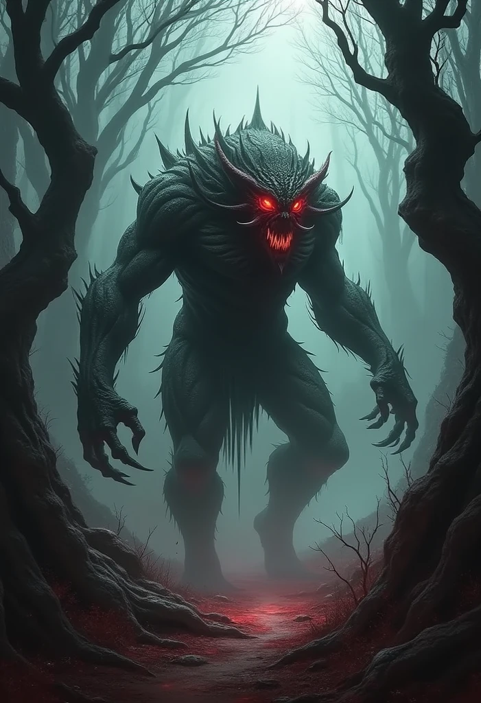Create a horrifying monster standing in a dark, foggy forest at night. The monster has a grotesque appearance with large, sharp fangs, glowing red eyes, and long, razor-sharp claws. Its skin is rough, covered in dark, slimy scales, and it has multiple twisted, unnatural limbs. The background is dimly lit by moonlight filtering through dense trees, casting eerie shadows. The atmosphere is filled with a sense of dread and fear, with the monster as the focal point, emanating an aura of imminent danger and terror.