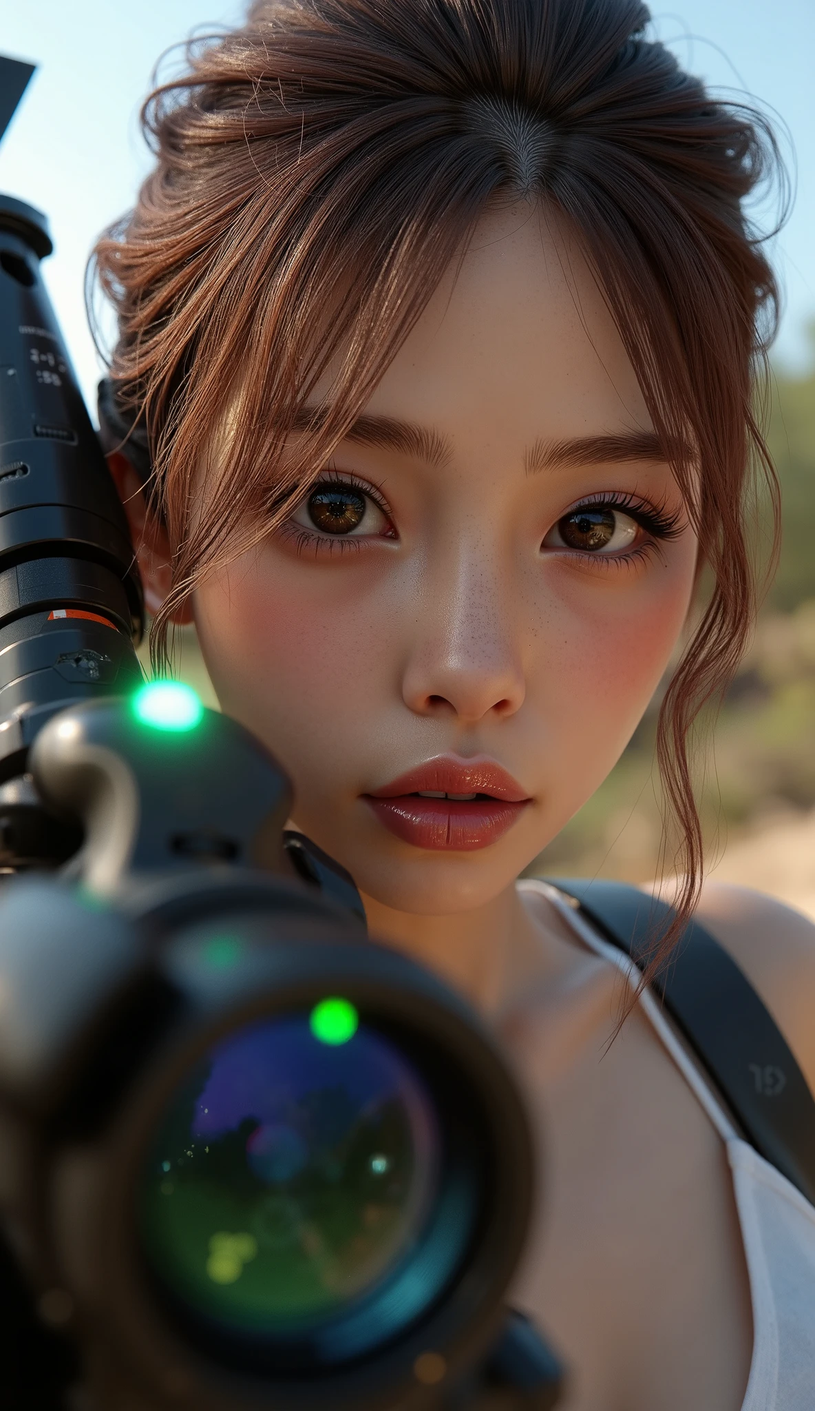  [Style: "masterpiece, realistic (Photorealistic realism), Hyper high resolution, (ultra quality, intricately detailed digital art), focus on extremely Realistic Proportion Body"] (Key Directive: "Prioritize anatomical accuracy and material textures") {Character: "20-year-old white female" | Face: "symmetrical, pale skin, full lips, red lipstick: 1.15" | Eyes: "((sharp focus, no blurry eyes, Hyper absurd quality, Hyper detailed iris stroma ((dark) with stars from the milky way galaxy) ,Hyper realistic eyes:1.3))" - "((extra narrow eyebrows))" - "(Carefully draw Long blue_mascara:1.2)" - "(perfect round eyes)" | Makeup: "detailed lips:1.3, (apply glossy red_lipstick:1.3)" | Hair: "waist-length red curly (setting light reflections: 0.5)" | POV: "((first person view))" | "((first person shooting position))" - "hold a Custom Railgun in hends" Weapon: "Custom Railgun (StatTrak™ module)" | Railgun side Engraving : "Japanese dragon (green/blue paint:1.4)" | Display: "((side-mounted counter (red LED '589')))" | Attachments: - "Underbarrel flamethrower "(aim through the scope at running targets ((the human-like very large angry black animal))) (shoot with continuous fire)"- "active, orange/blue flames:0.3, white/yellow flash:0.3" - (hot, smoking") - "Green laser sight (beam visible in airborne dust)" Environment: "unknown planet in an alien galaxy (unknown species of vegetation, animals), day" | Lighting: "(Cinematic clarity and global illumination)" - "aim at the target and shoot'' - ''Muzzle flash from rifle (temporarily illuminates face)" "((background – clear and sharp human-like large black alien, ((chaos and terror")))) (Rendering engine: "Unreal Engine 5 path tracing, 16K texture maps") } 
