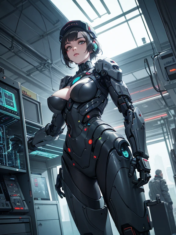 16K quality、Cinema Lighting,Highly detailed skin、Beautiful quality with attention to detail,High resolution、Perfect ???????,(cyber punk、Exchange、Dim color, Calm tone:1.3)Girl Soldier On The Battlefield,(Beautiful features down to the last detail.、blue eyes、Cleavage:1.3)Blue Hair、Sexy battle suit、with a gun in hand(Pose with one hand raised:1.2)desert garrison、spark、An explosion occurred from the ground,ghost in the Shell