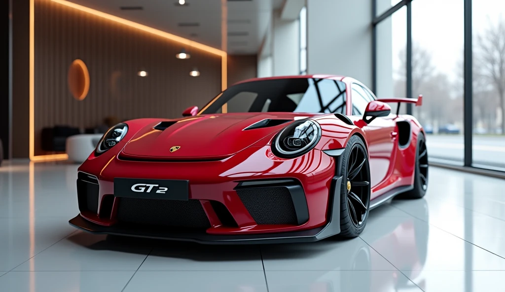 An ultra-realistic image of the Aggressive close front side angle view with end of a futuristic 2025 Porsche 911 GT2 RS . The car features a large, imposing, kind aerodynamic design with a wine RED and shiny exterior. Aggressive front side view end has a wide, aggressive with intricate accents and a modern, captivating pattern. The license plate area prominently displays the word "GT2" in a sleek, eye-catching, and modern font that dazzles. Slim, high-powered Matrix LED headlights with a distinctive linear design add to its advanced look. The car is parked in a Pristine fully bright white showroom glass windows on right side showcasing its luxurious and high-tech appearance. The background includes a sophisticated setting with modern lighting and decor, emphasizing the serious and powerful design.", 3d re