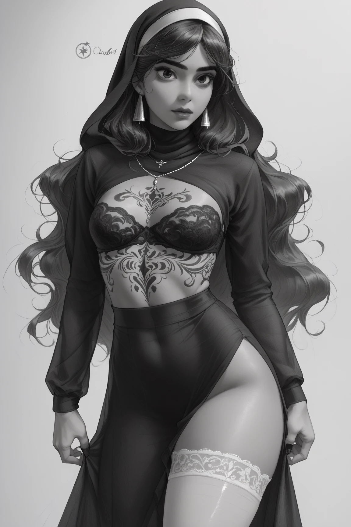 tall woman with tattoos on her right leg, Long black hair and wearing small shorts and a top with sleeves and wearing a jester mask anime version