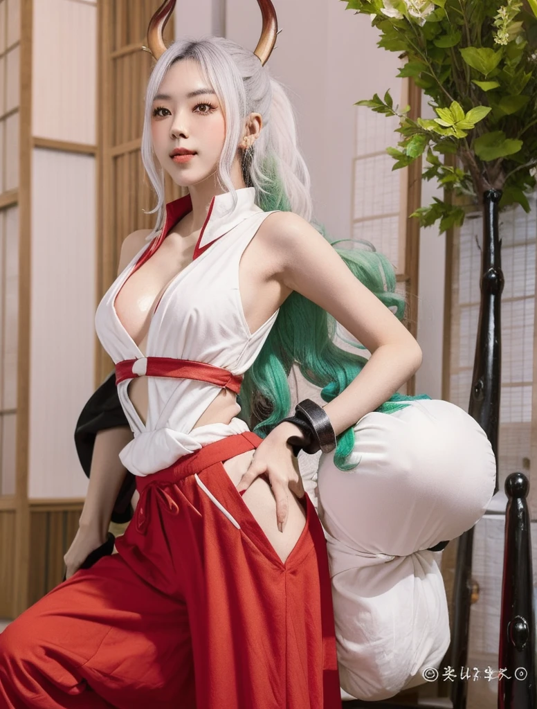 ultra realista 8k CG, work of art, ((ultra detailed background, delicate pattern, intricate-detail)), (highy detailed, fine-details), best qualityer, (photorrealistic:1.4),beautiful lighting, absurderes, CRU photo, film grain, ((breasts big, Waist slender)), Yamato, long hair, 1 girl, antlers, White hair, standing alone, oni, red antlers, curled antlers, hair ornament, (multicolored antlers), jewerly, aretes, Japanese clothing, kimono, hair stick, sleeveless, bared shoulders, aqua hair, side locks, hoop aretes, orange ruffle skirt and white top shirt, ((orange eyes, Waist slender, breasts big)), (complex detailed background, barren earth, moonligh), (from head to toe, orange thigh highs, full body shot shot)