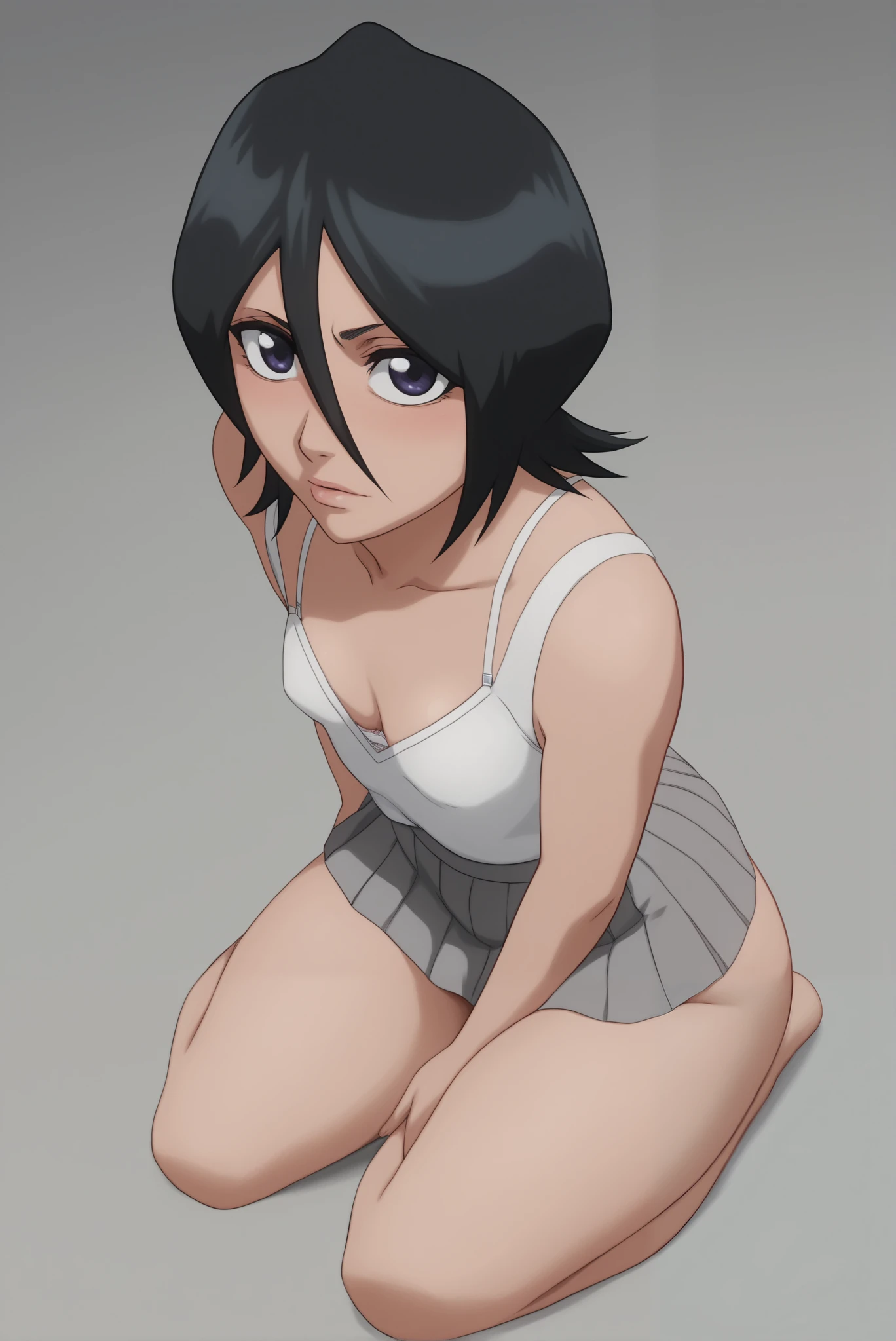 Bleach anime artstyle, Rukia Kuchiki, Rukia bleach, detailed, highquality, 1girl, solo, short stature, age117, adolescent girl, younger girl, nsfw, plump lips, sitting, short, indoors background, close-up, from above, blushing, looking at viewer, full body, small breasts, plump lips, big ass, nice ass, squishy ass, large bubblebutt, creamy thighs, squishy thighs, soft thighs, thick thighs, grey school uniform, grey box pleats skirt, Rukia bleach school outfit, white blouse, small bra covered by clothing, able to see ass from the front, bare stomach, cute white panties with bear on it, cleavage, good proportions,