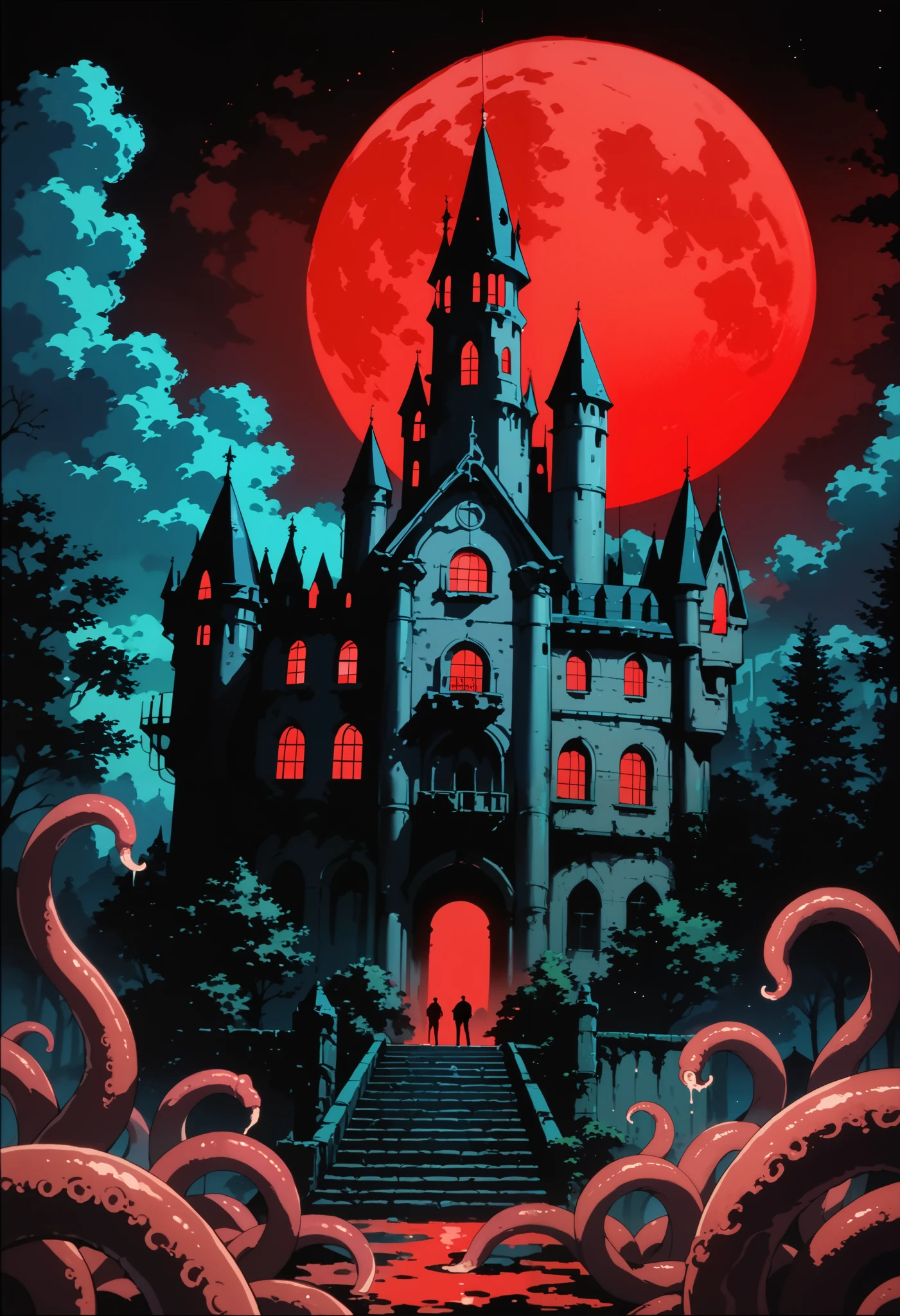 score_9, score_8_up, score_7_up, source_anime, anime style, asthtc, vitorian style, retro art style, castle, red moon, tentacles, horror, dark, vibrant colors, no humans, background, black and red