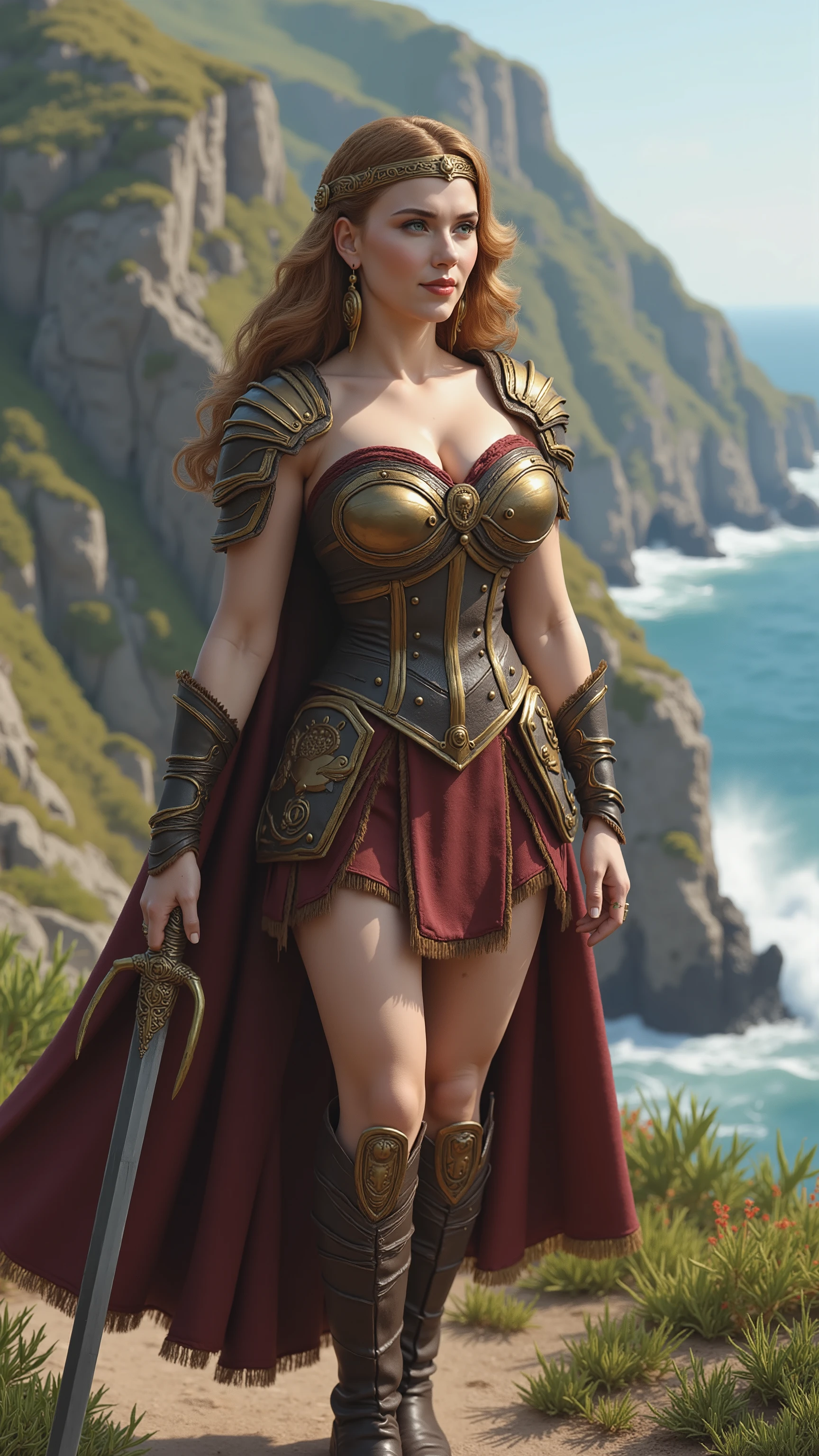 Scarlett Johansson is reimagined as a Warrior Amazon walking and holding a sword, 1 female、 full figure, full body, cleavage. She has shoulder-length, wavy auburn hair styled in a loose braid with strands framing her face. Her sharp green eyes are framed by a bronze headband adorned with Amazonian symbols.
She wears traditional Amazonian armor crafted from polished brass and deep burgundy leather. Her chest is protected by a brass-plated cuirass with embossed motifs of wild animals and nature. Her shoulders are covered by leaf-shaped brass pauldrons, and her arms are wrapped in leather bracers with brass accents. She wears a layered battle skirt made of alternating burgundy leather and metal scales, offering both mobility and protection. Her legs are protected by high leather boots with brass greaves, intricately designed with vine patterns. Draped over her shoulders is a rich crimson woolen cape, fastened with an oak leaf-shaped brass brooch.
In one hand, she holds a finely crafted sword with a shaft wrapped in dark brown leather. A quiver filled with green-fletched arrows is slung over her back, adding to her battle-ready appearance.
The background features a rocky coastal landscape with steep cliffs overlooking the sea. The cliffs are dotted with patches of green grass and wildflowers, while narrow stone paths wind along the edge. White-capped waves crash against the rocks below, sending sea spray into the air. The distant horizon meets a soft blue sky, and the sound of the ocean complements the natural beauty of the rugged terrain.
Big breast, alluring, shows her female character's full figure, athletic body, perfect face, full body, extremely beautiful, female shape, perfect anatomy, photorealistic, masterpiece, realistic, high contrast, 8k, HD, high definition detailed, detailed, hyper detailed, realistic skin texture, best quality, ultra high resolution, hyper realistic, no text, very detailed eyes, impressively bright and dramatic lighting